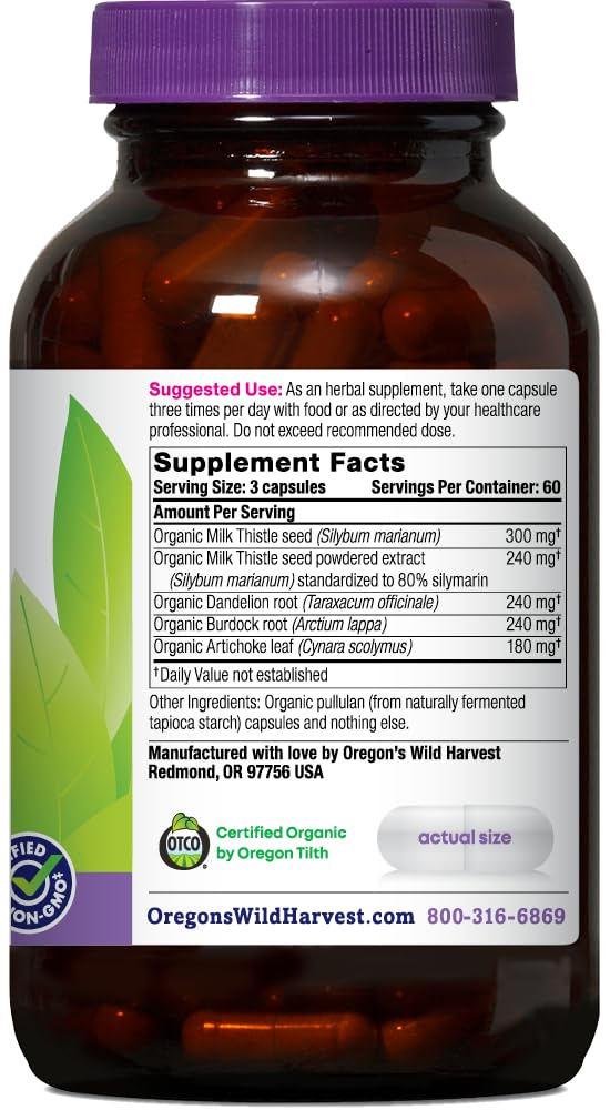 Oregon's Wild Harvest Milk Thistle supplement side view with ingredients
