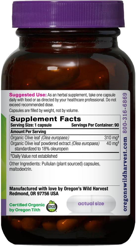 Oregon's Wild Harvest Olive Leaf Capsules bottle side view