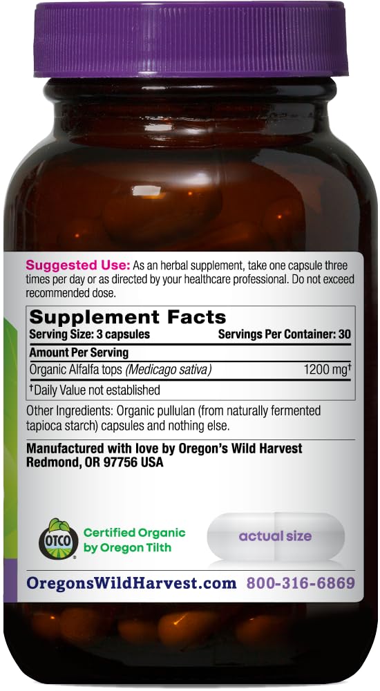 Oregon's Wild Harvest Organic Alfalfa Capsules side view showing label