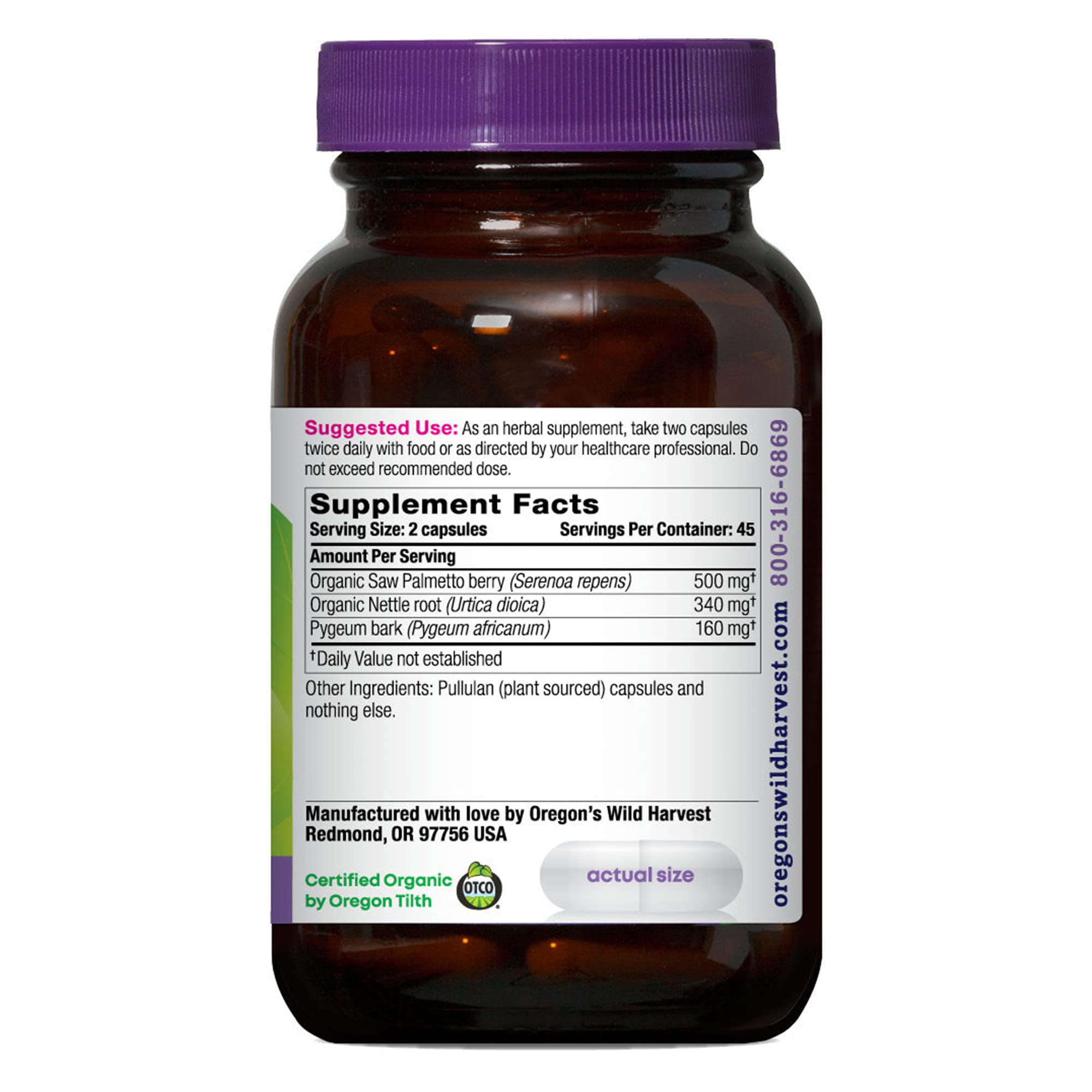 Oregon's Wild Harvest Saw Palmetto bottle with label details