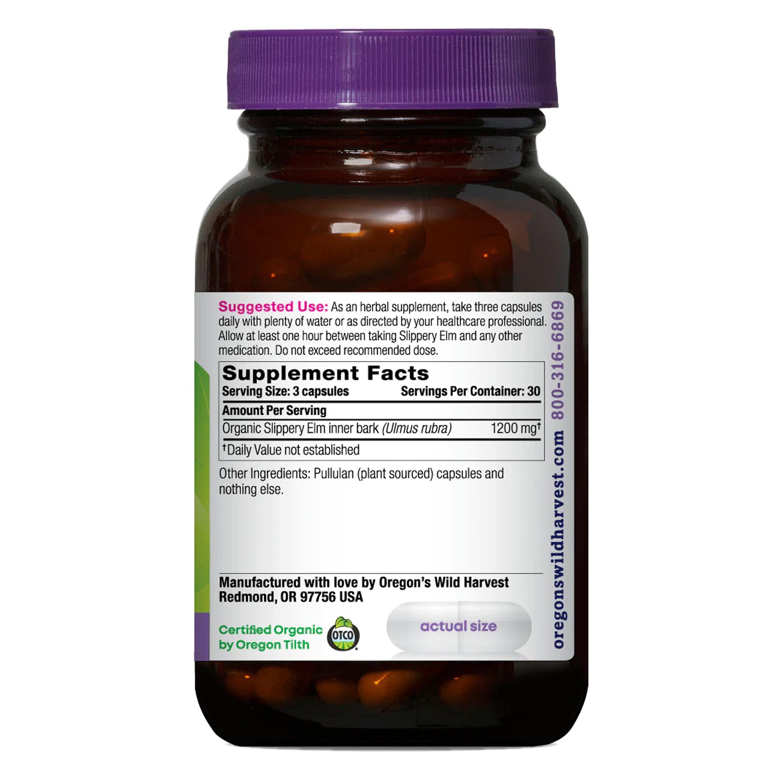 Oregon's Wild Harvest Slippery Elm Capsules bottle side view
