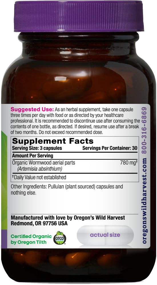 Oregon's Wild Harvest Wormwood Herbal Supplement side view showing capsule details