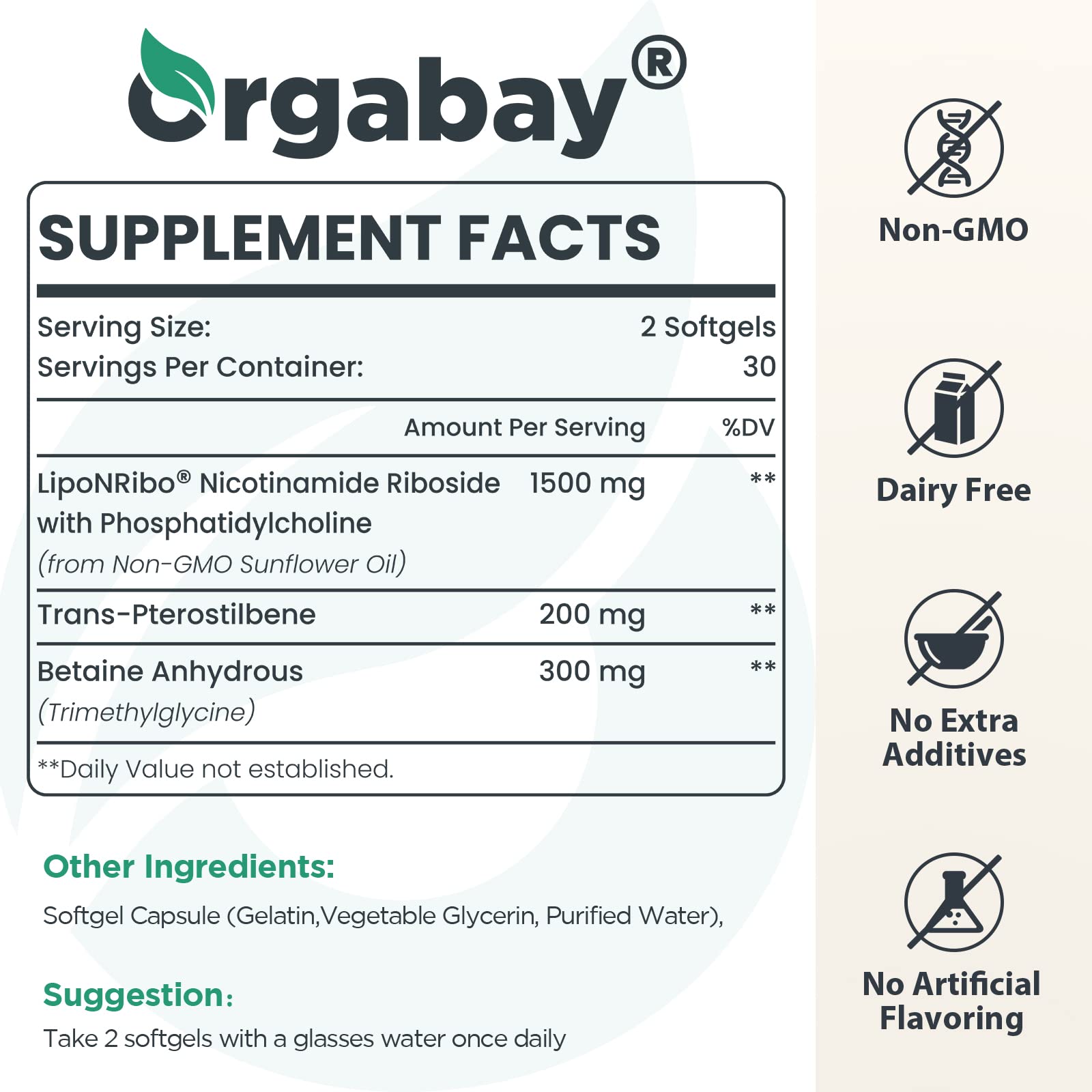 Orgabay Liposomal Nicotinamide Riboside 1500mg softgel side view