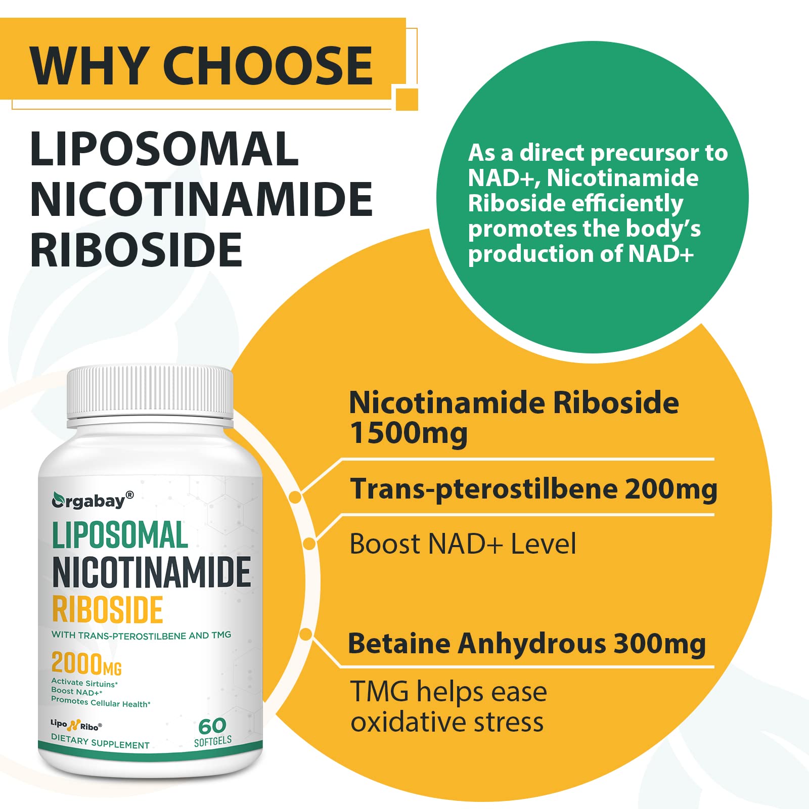 Orgabay Liposomal Nicotinamide Riboside 1500mg softgels on a table