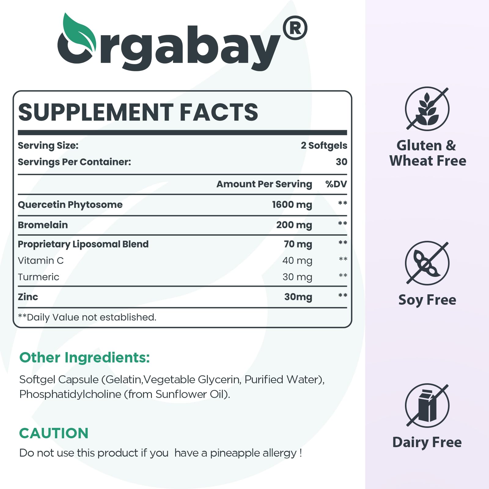 Orgabay Quercetin with Bromelain 1600mg soft gels on a wooden table