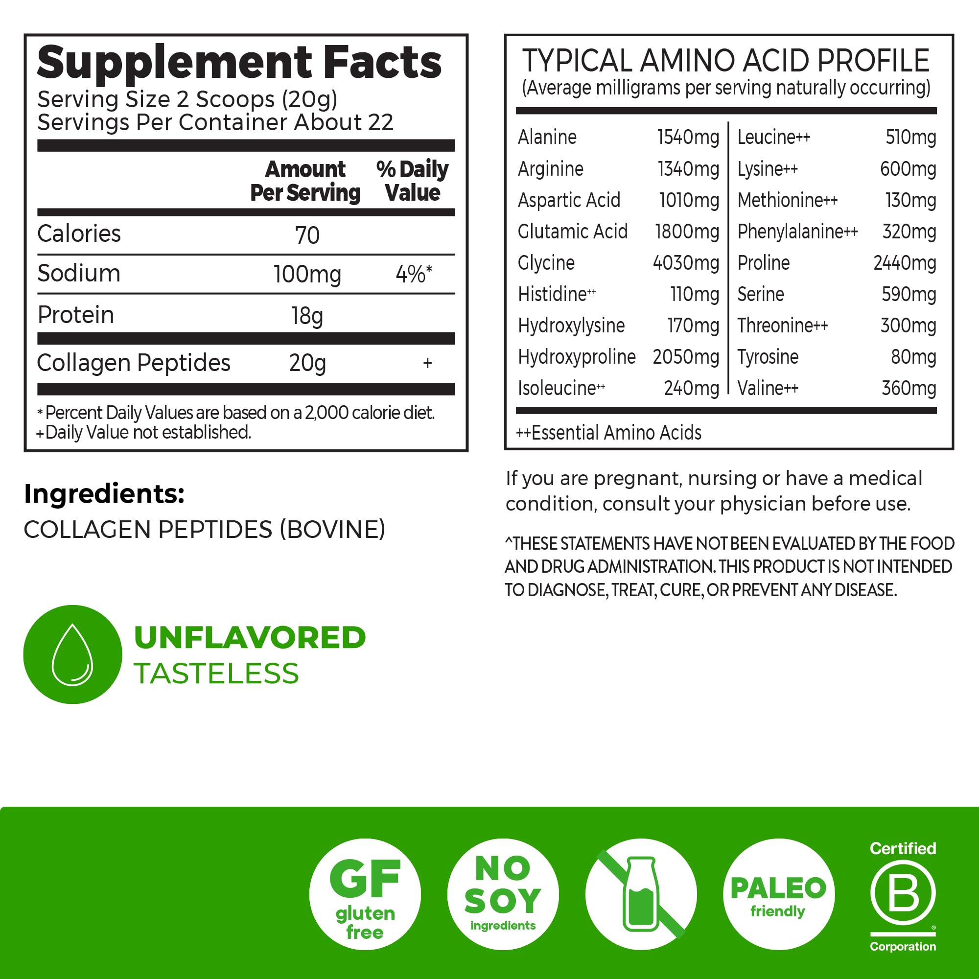 Orgain Collagen Peptides 454g back view with nutritional information