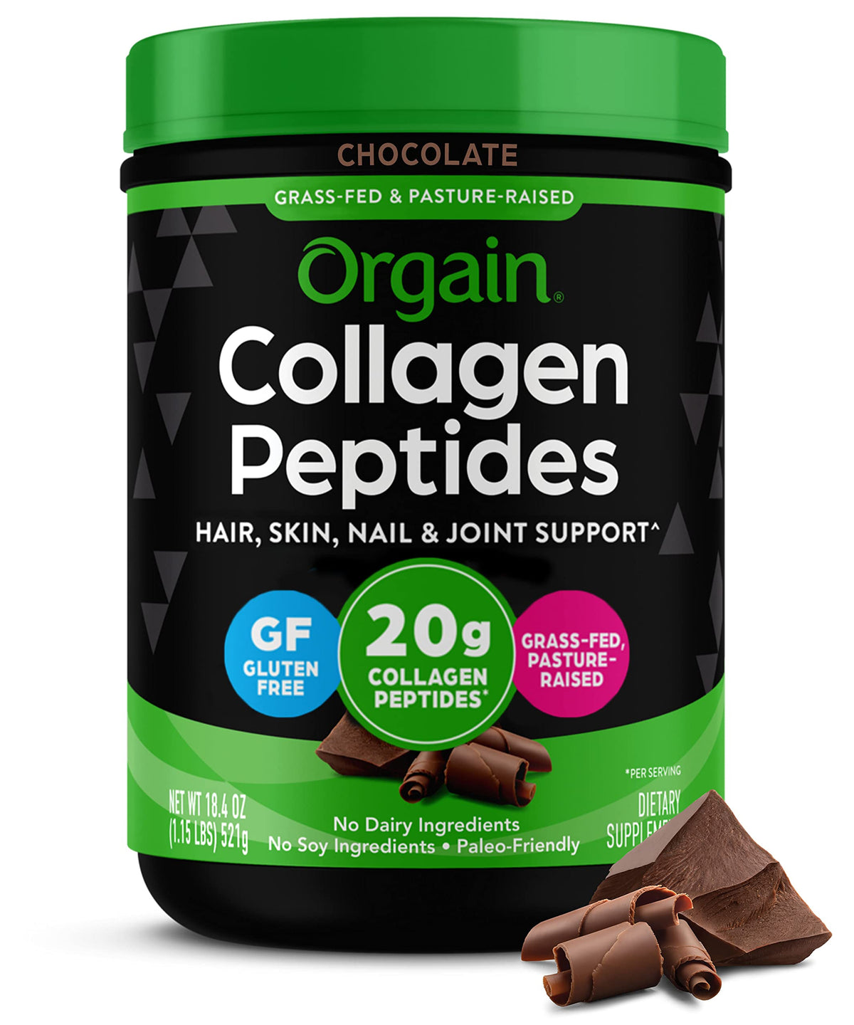 Orgain Collagen Peptides Powder 454g front view with chocolate flavour