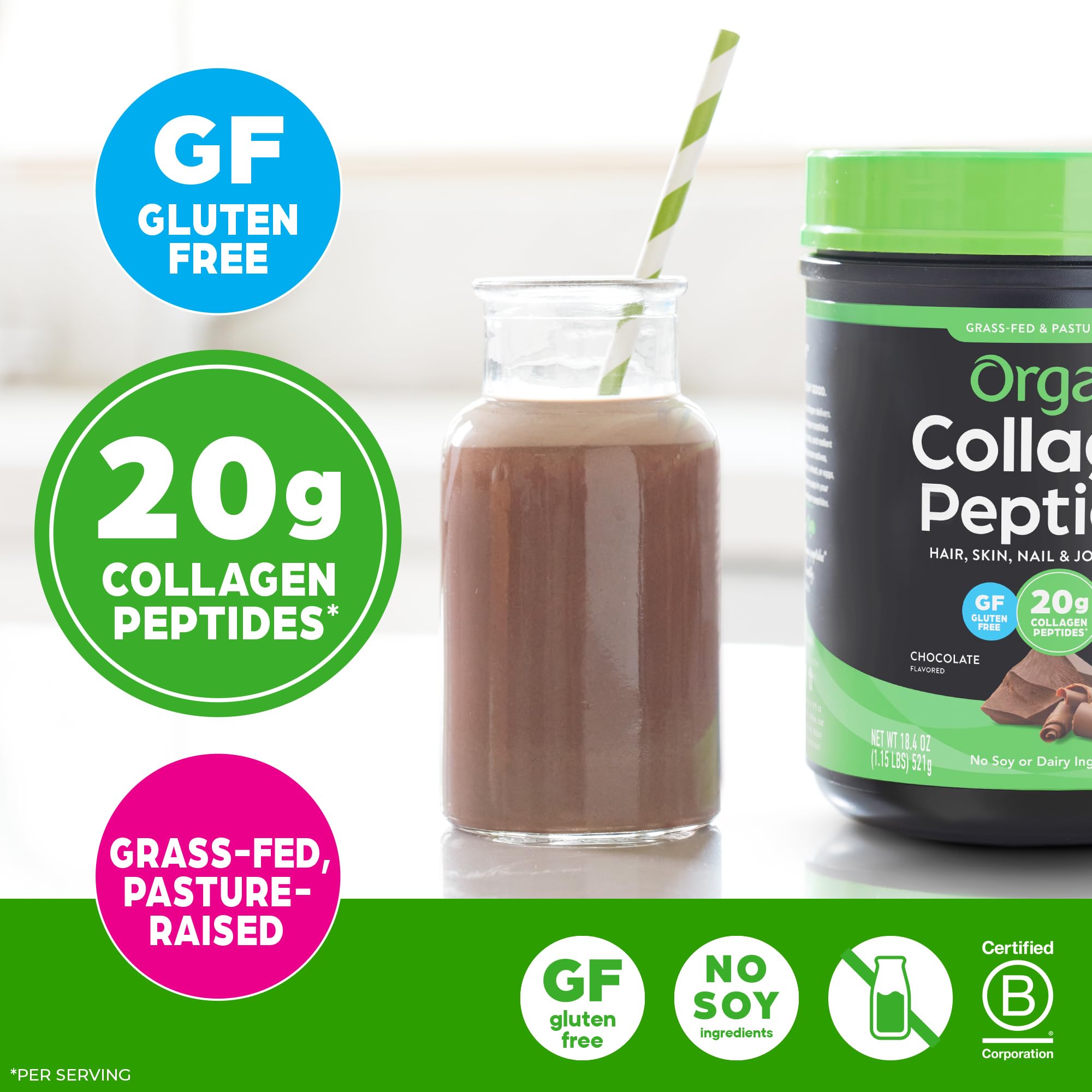 Orgain Collagen Peptides Powder 454g side view with scoop