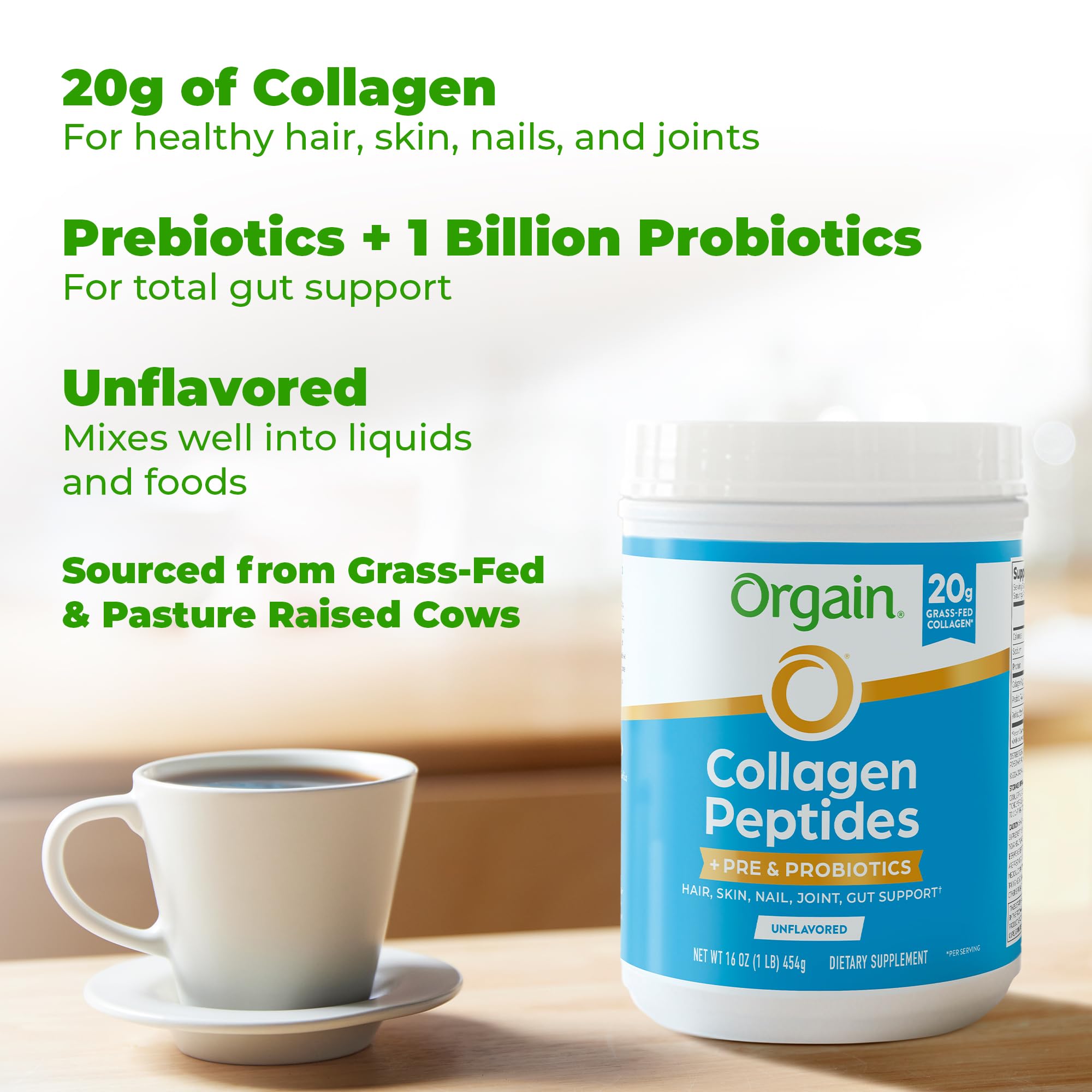 Orgain Collagen Peptides Powder with Pre & Probiotics 454g scoop