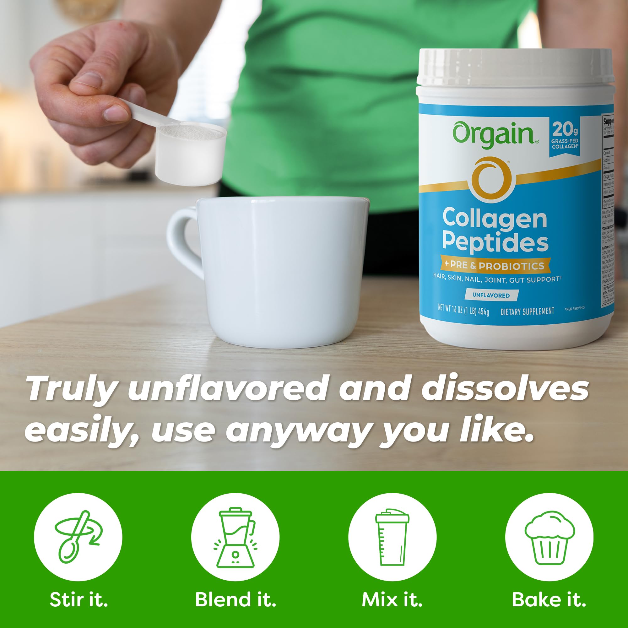 Orgain Collagen Peptides Powder with Pre & Probiotics 454g serving suggestion