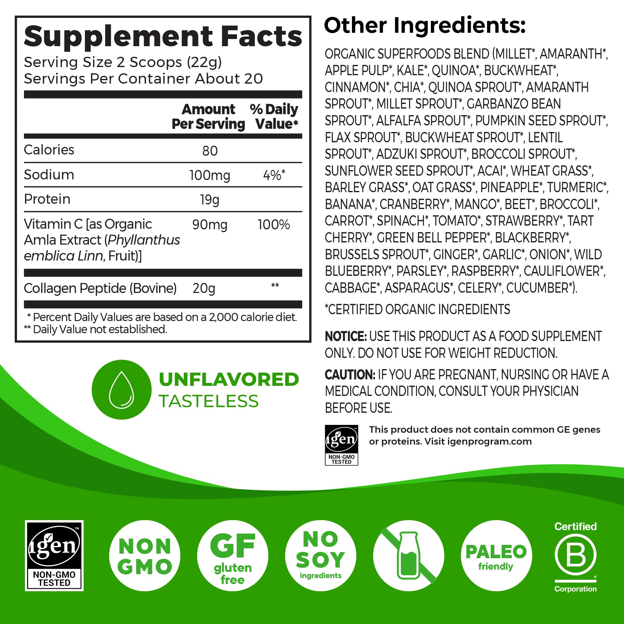 Orgain Collagen + Superfoods packaging side view