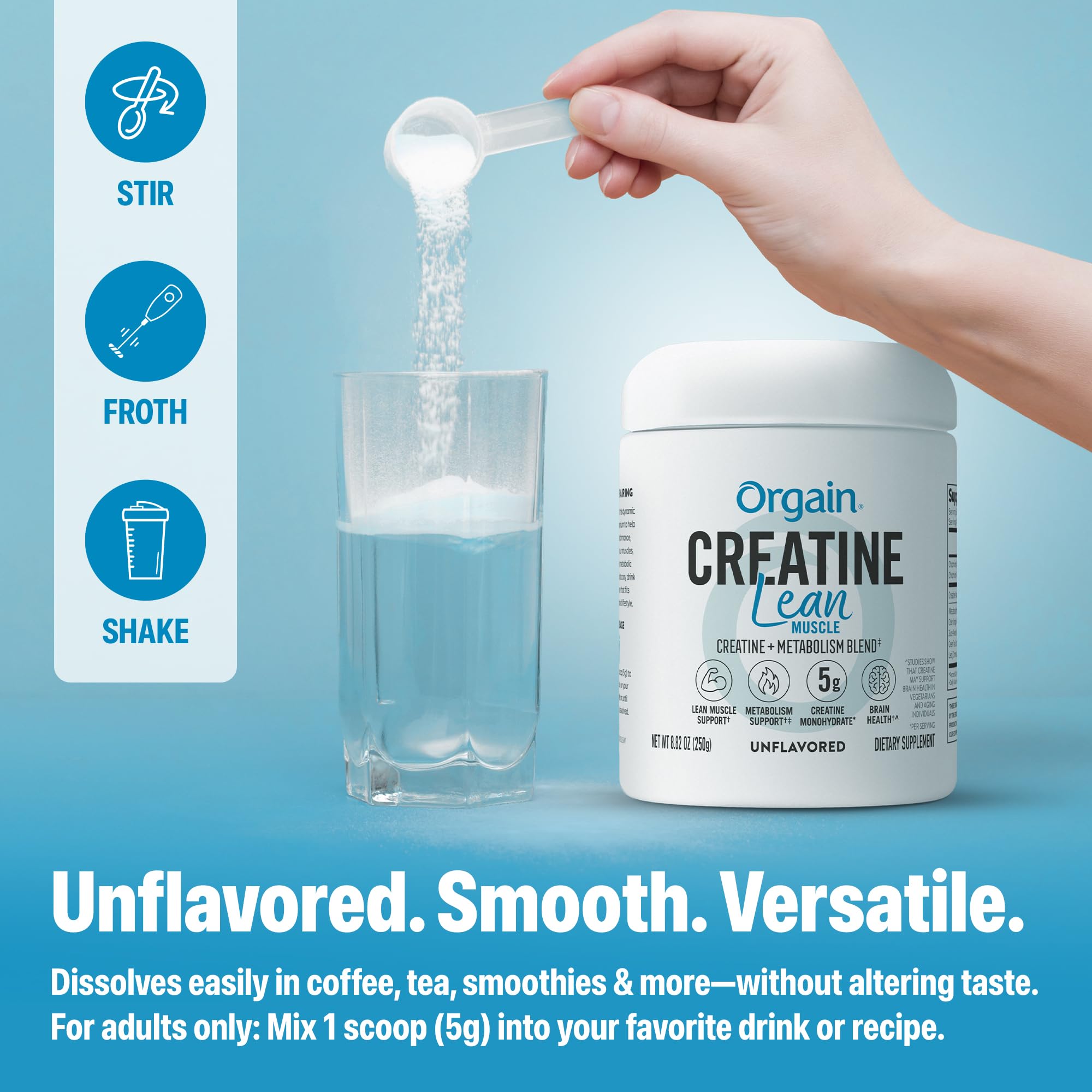 Orgain Creatine Lean Muscle 320g lifestyle shot with smoothie