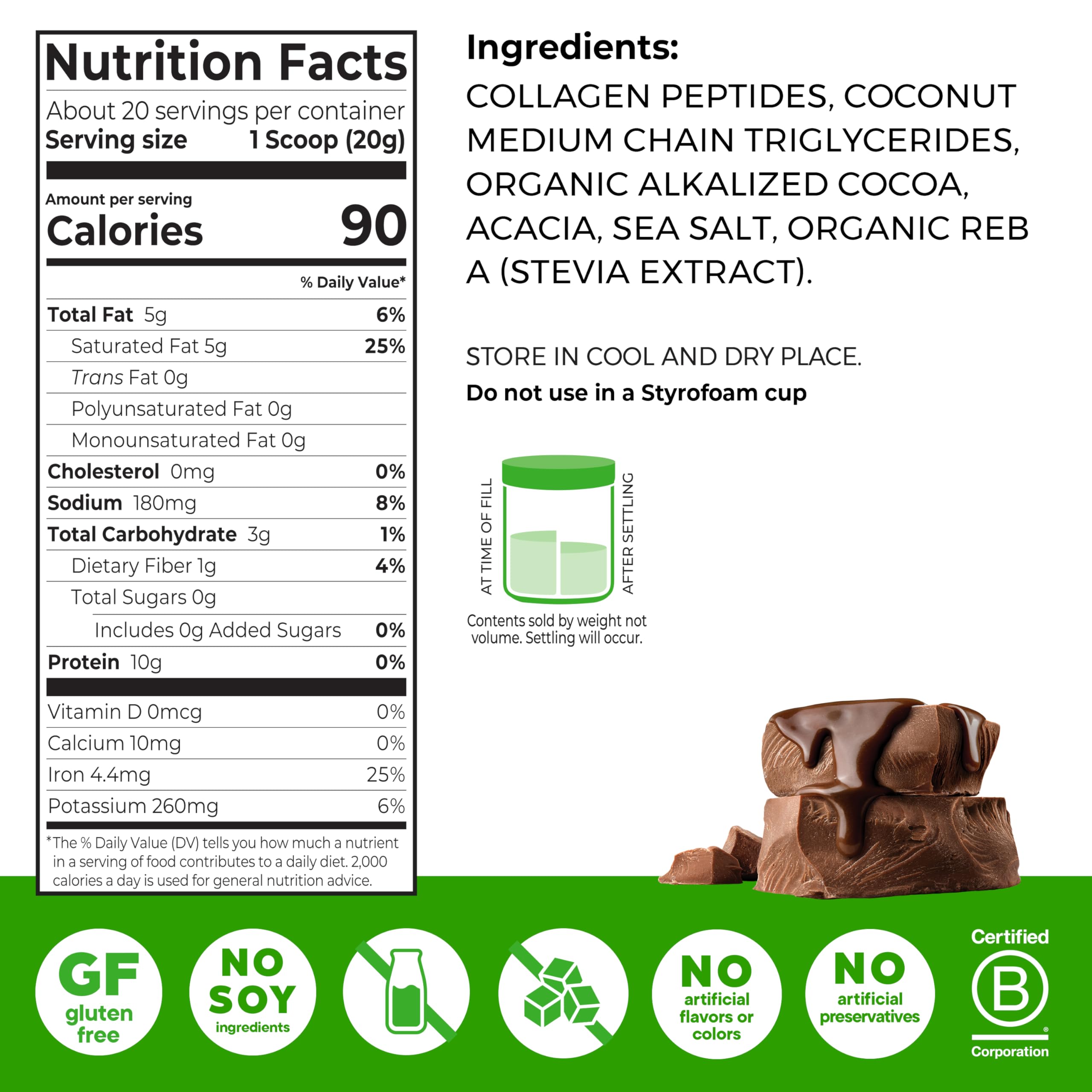 Orgain Keto Collagen Protein Powder Chocolate back view with nutritional information