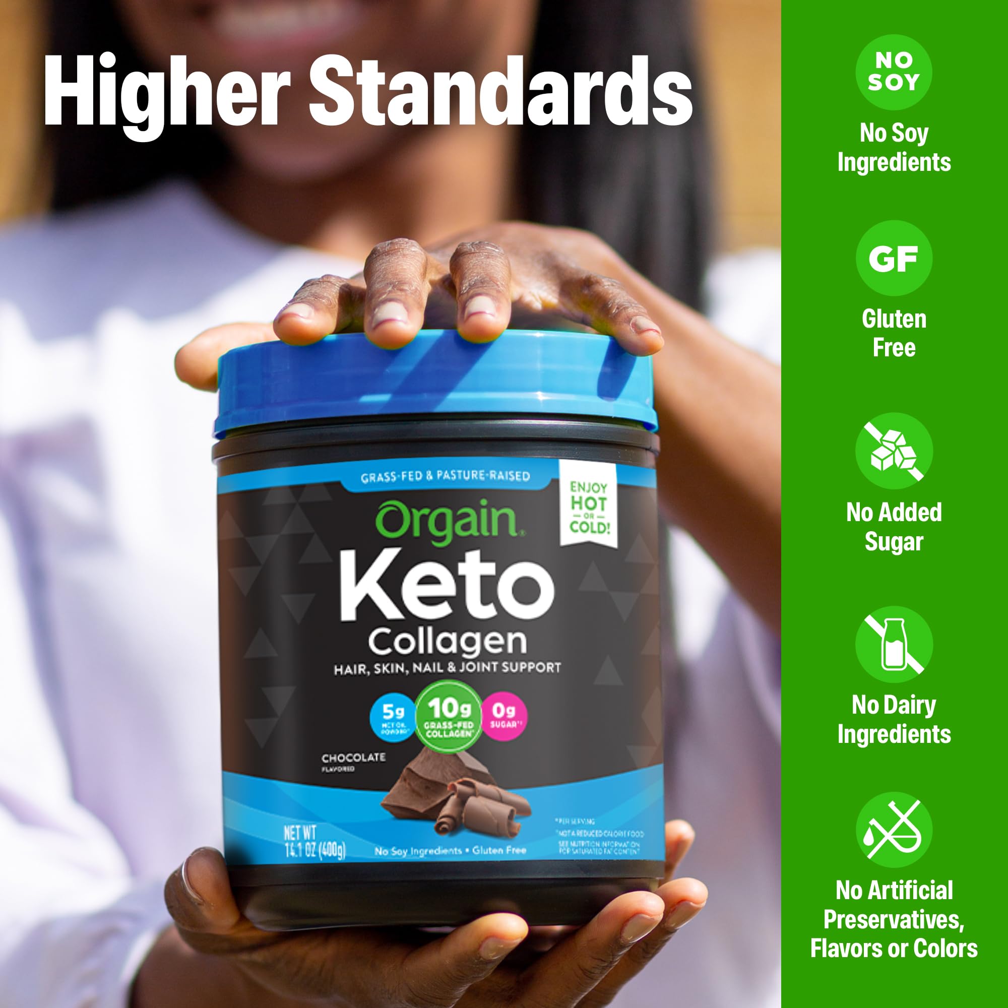 Orgain Keto Collagen Protein Powder Chocolate mixed in a bowl
