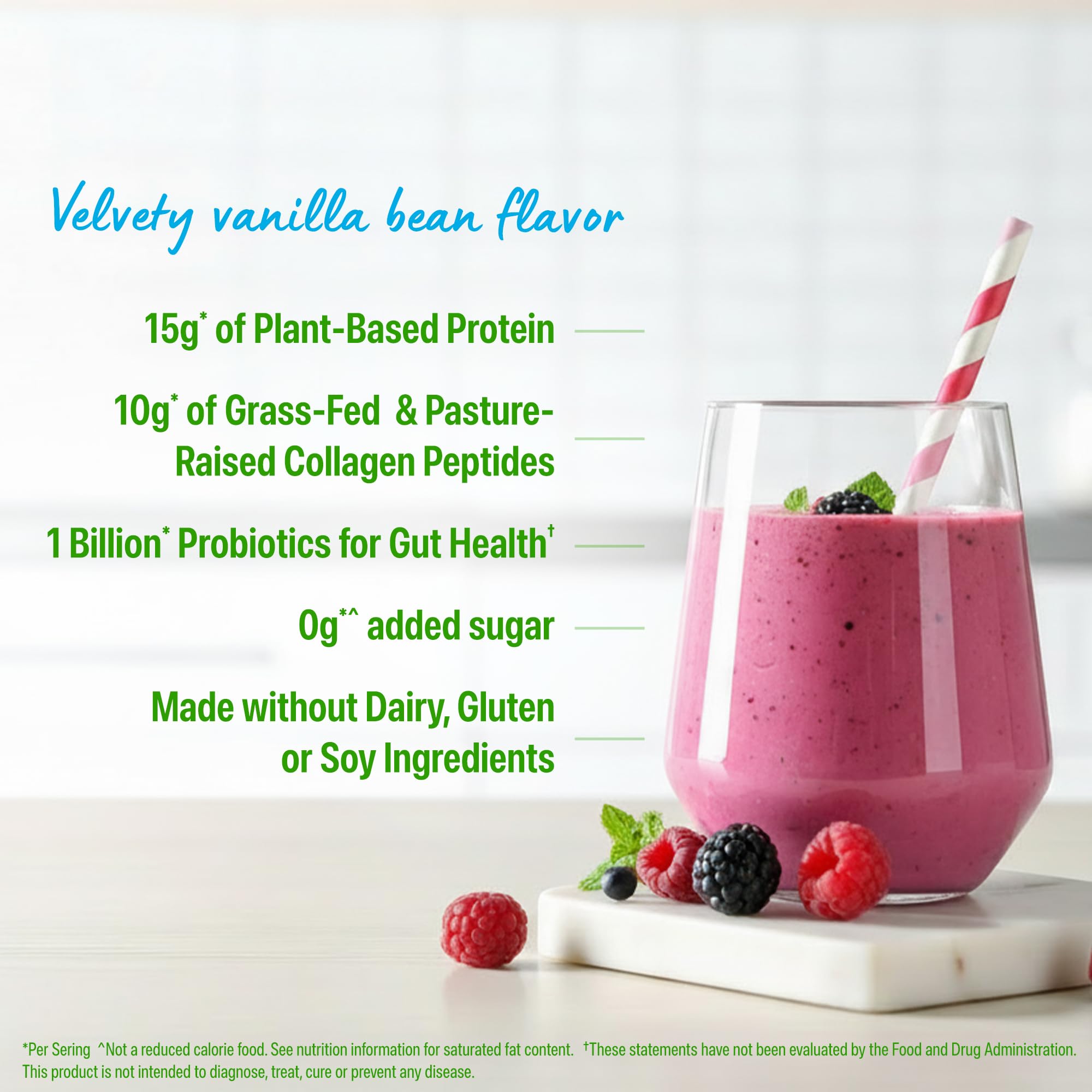 Orgain Plant Protein Plus Collagen 726g mixed in a smoothie