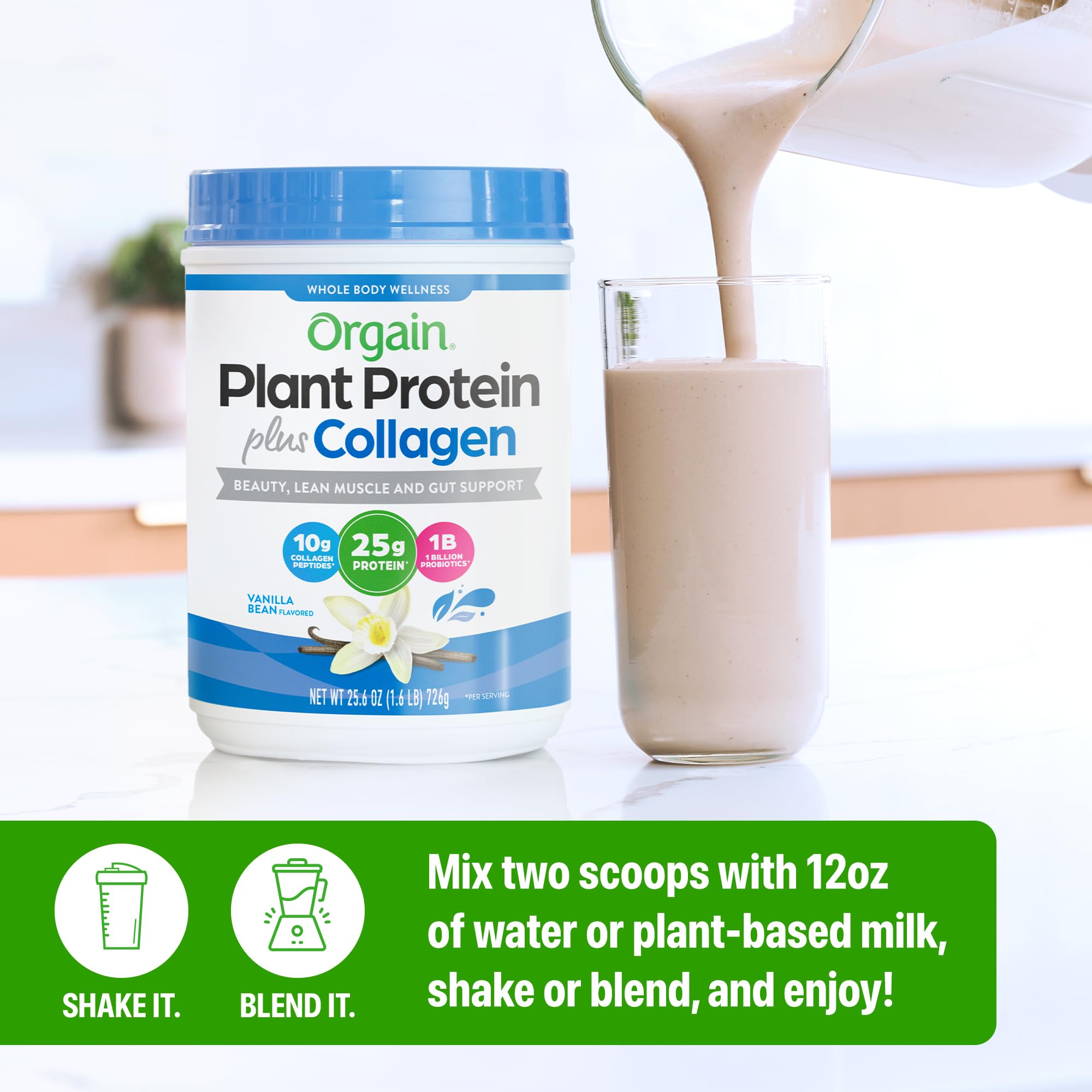 Orgain Plant Protein Plus Collagen 726g with ingredients on display