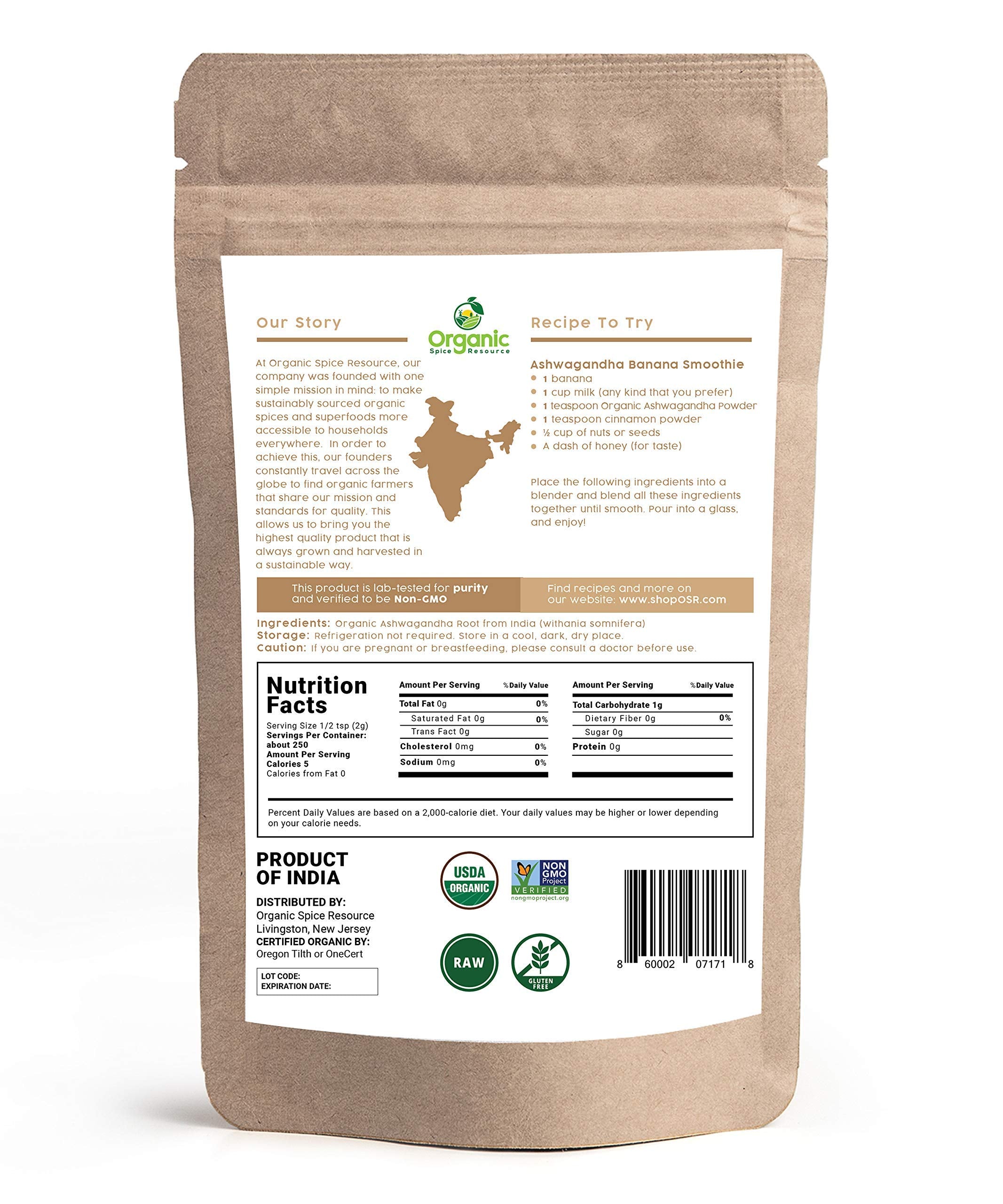 Organic Ashwagandha Powder 500g with measuring spoon