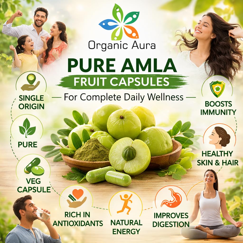 Organic Aura International Amla Vitamin C Capsules on a wooden table