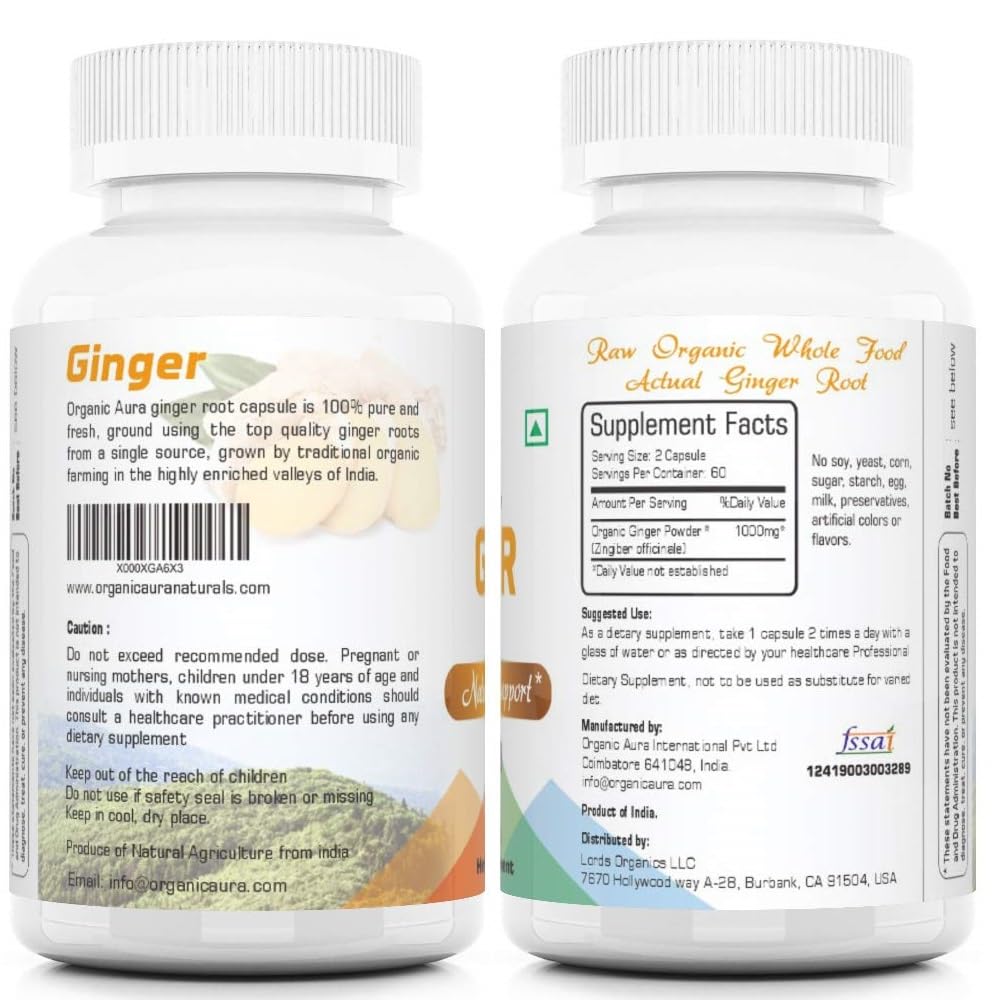 Organic Aura International Ginger Root Capsules back view