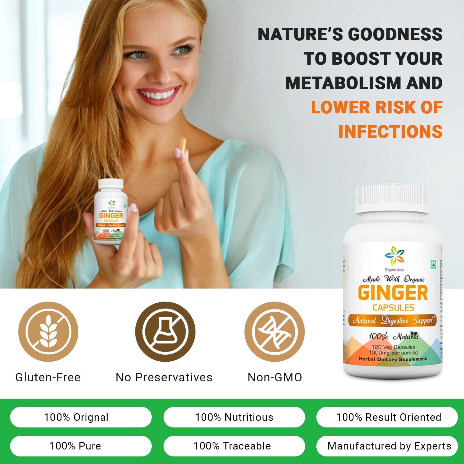 Organic Aura International Ginger Root Capsules on a wooden surface