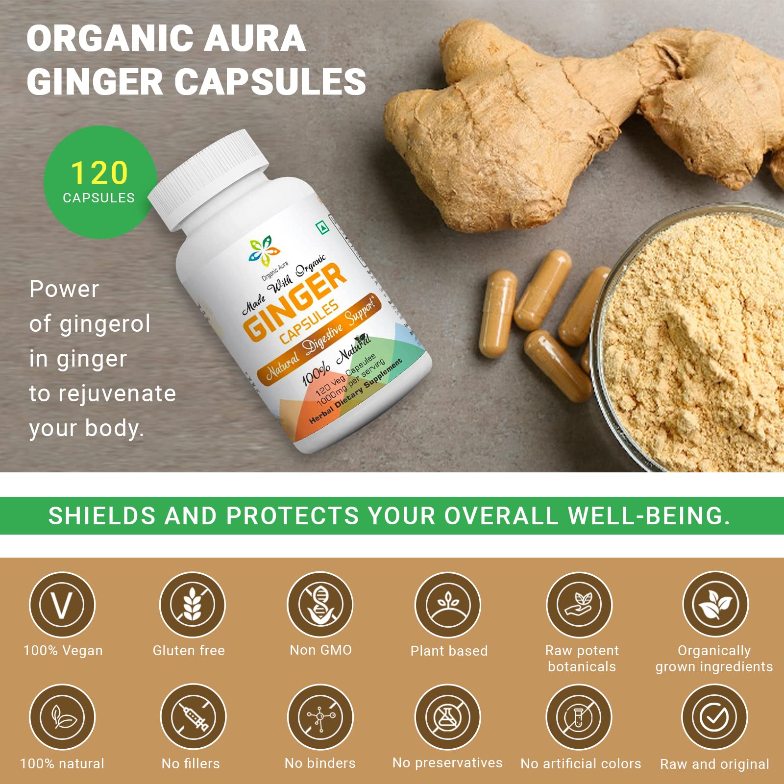 Organic Aura International Ginger Root Capsules side view