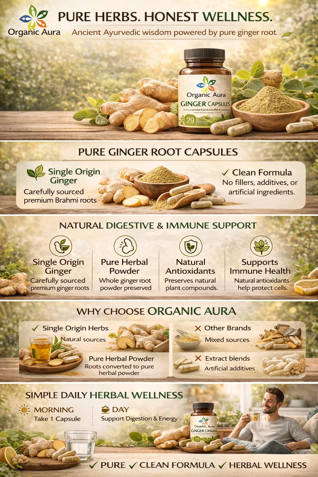 Organic Aura International Ginger Root Capsules with a measuring spoon