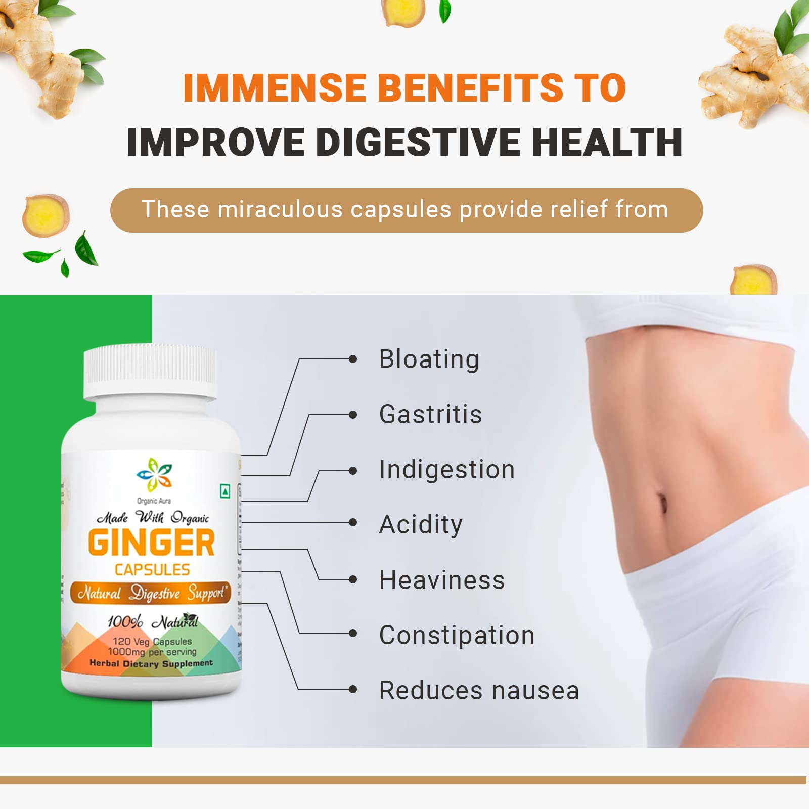 Organic Aura International Ginger Root Capsules with ginger roots