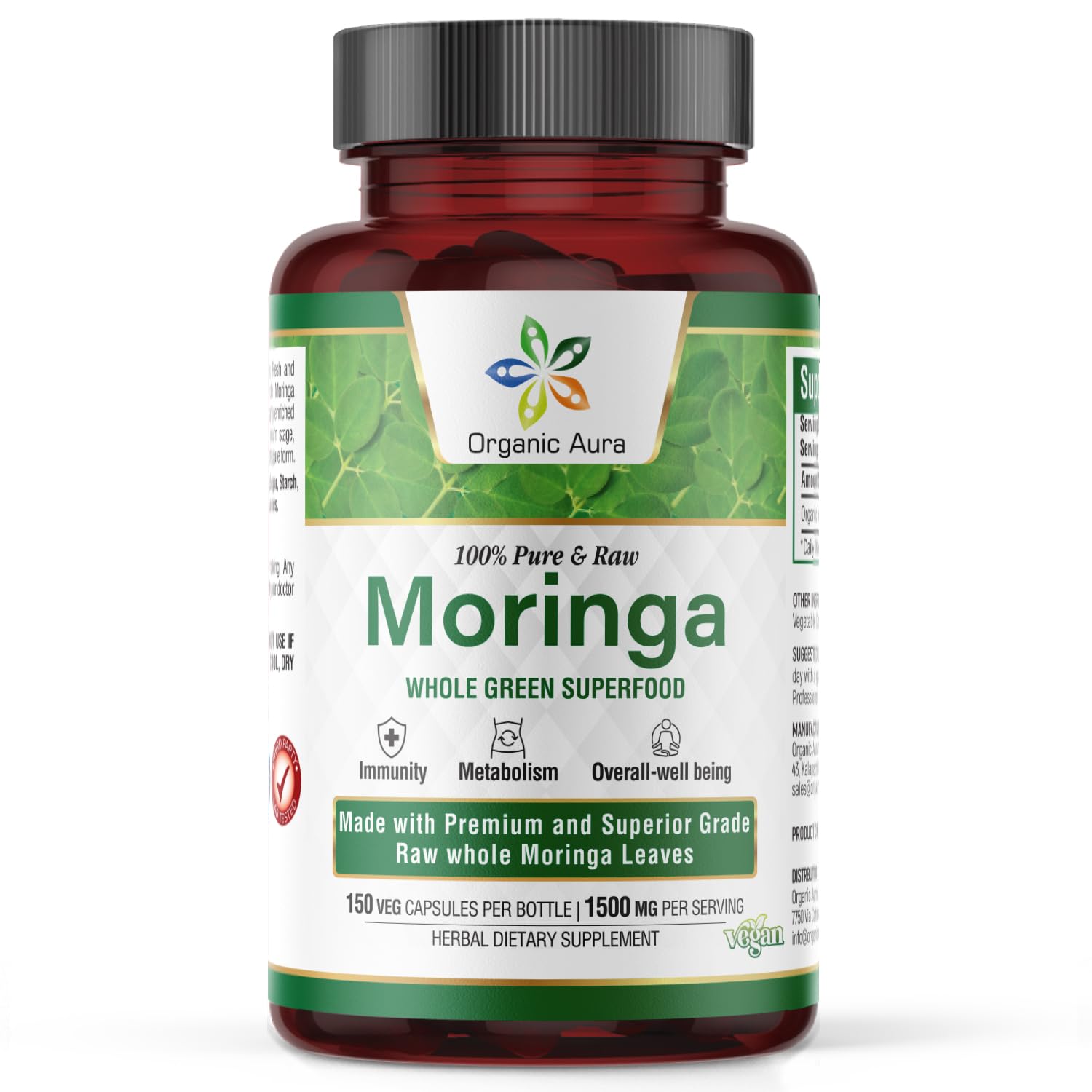 Organic Aura International Moringa Capsules 100g front view