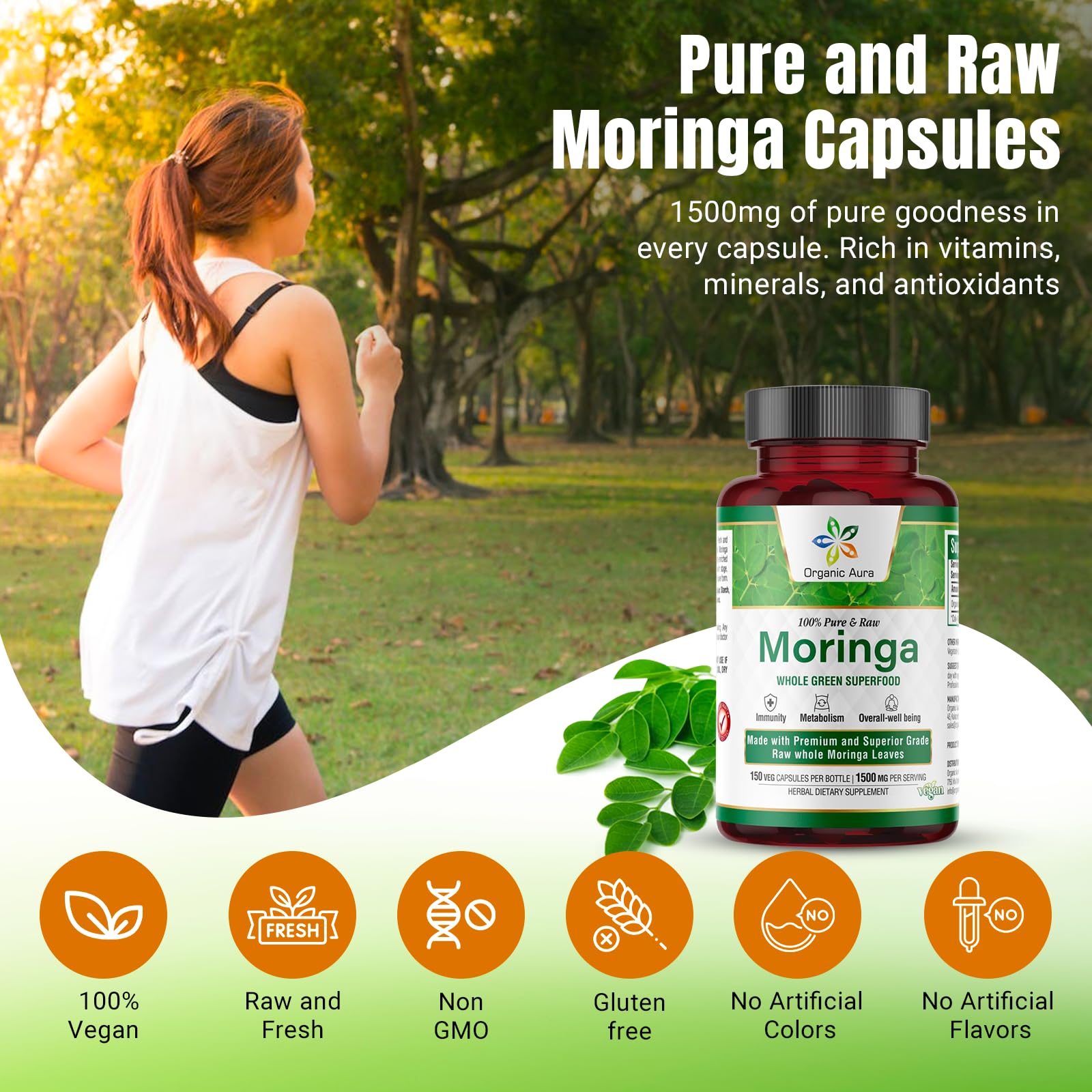 Organic Aura International Moringa Capsules 100g on a wooden table
