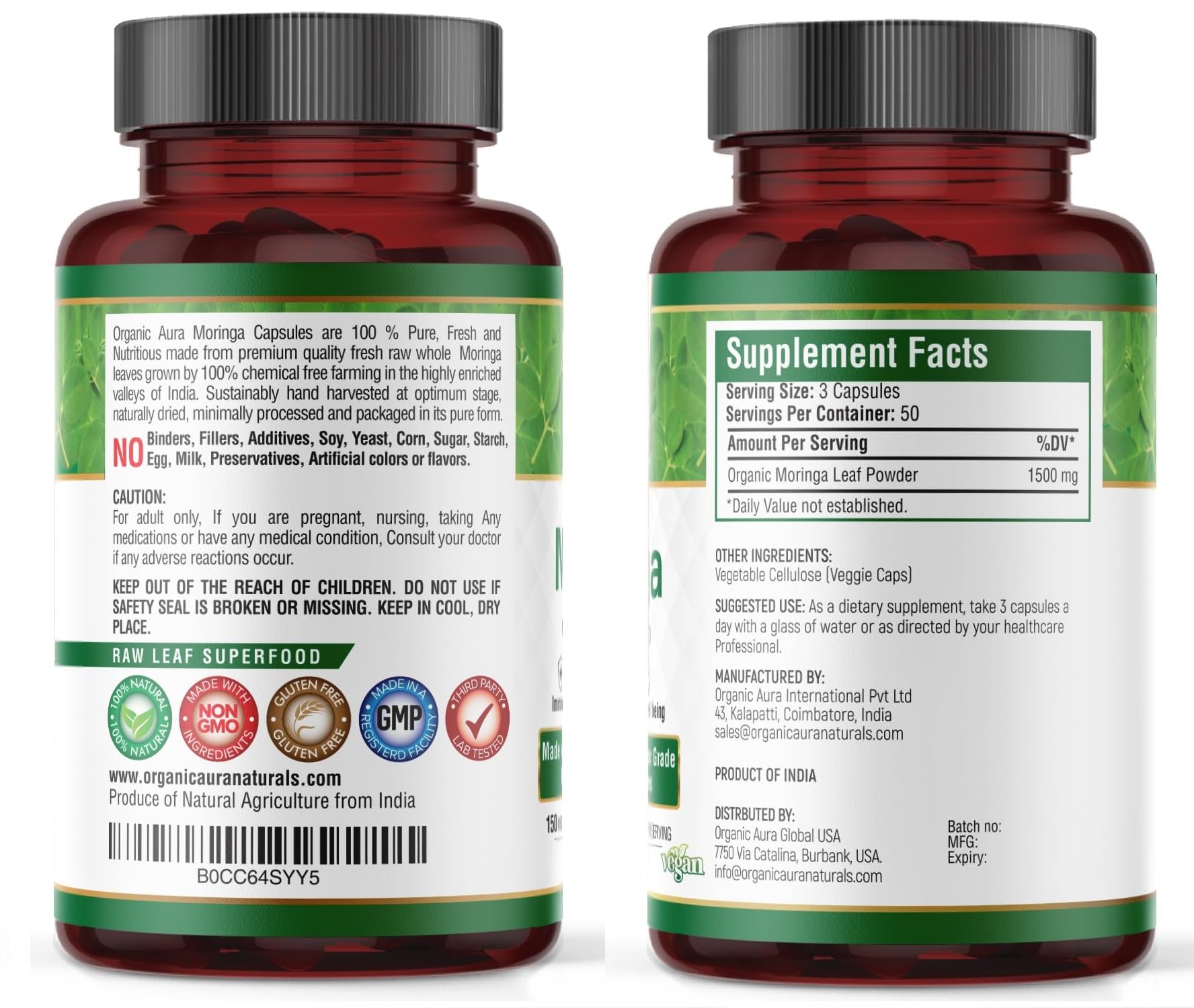Organic Aura International Moringa Capsules 100g side view