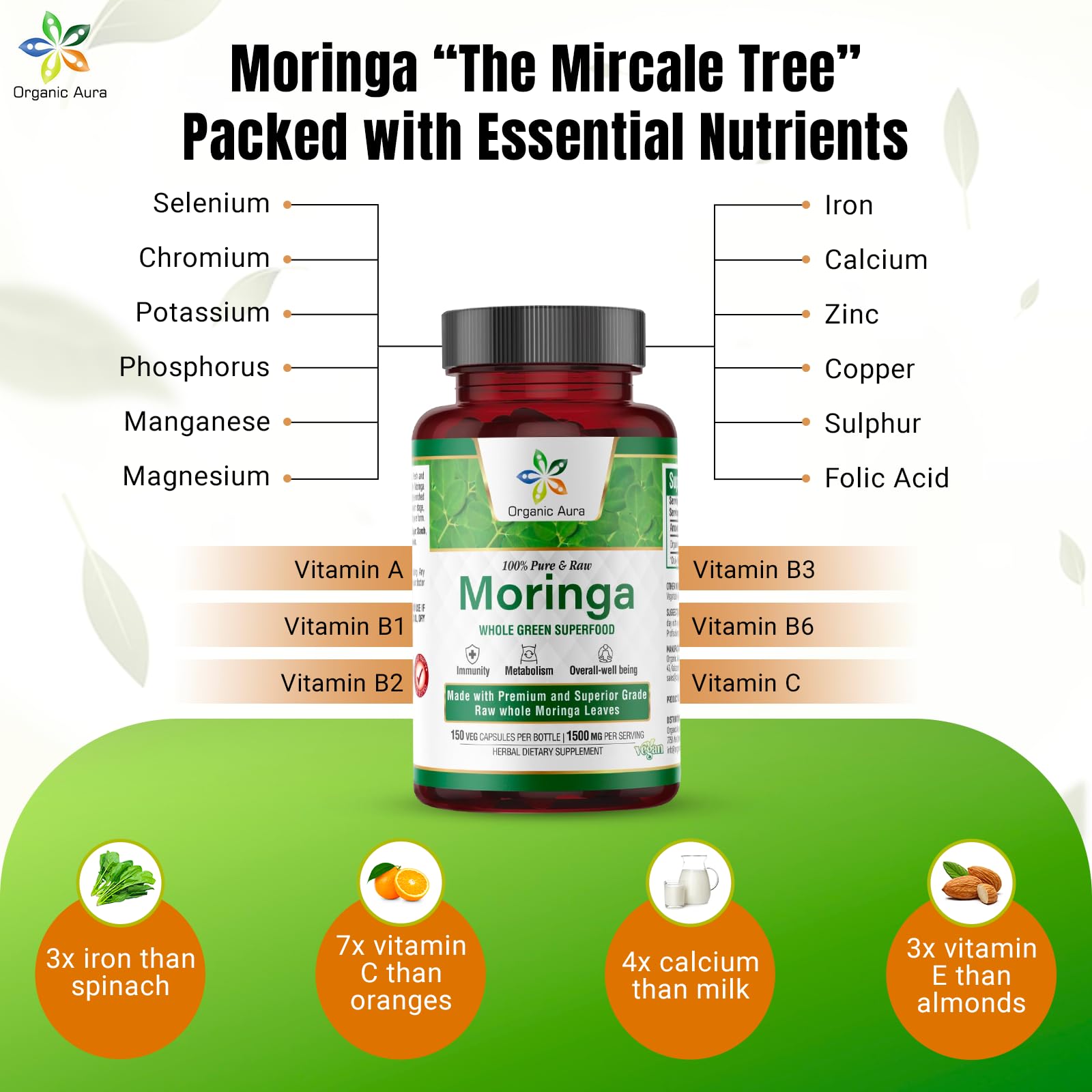 Organic Aura International Moringa Capsules 100g with a measuring spoon