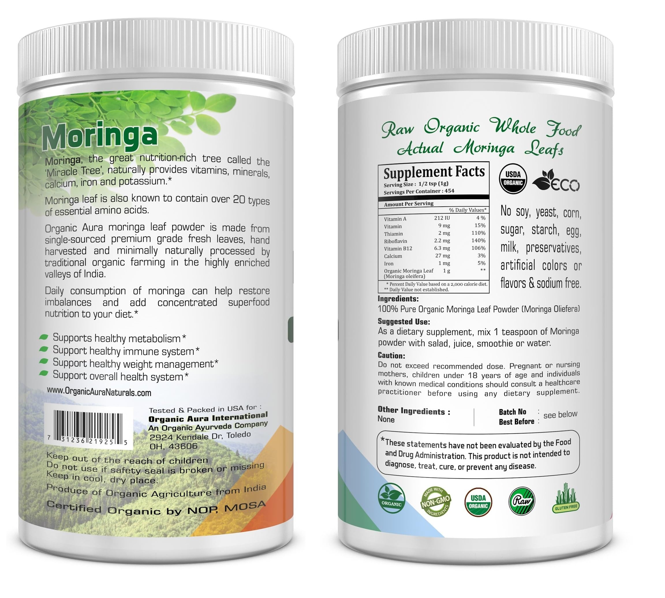 Organic Aura Moringa Powder 540g back view packaging