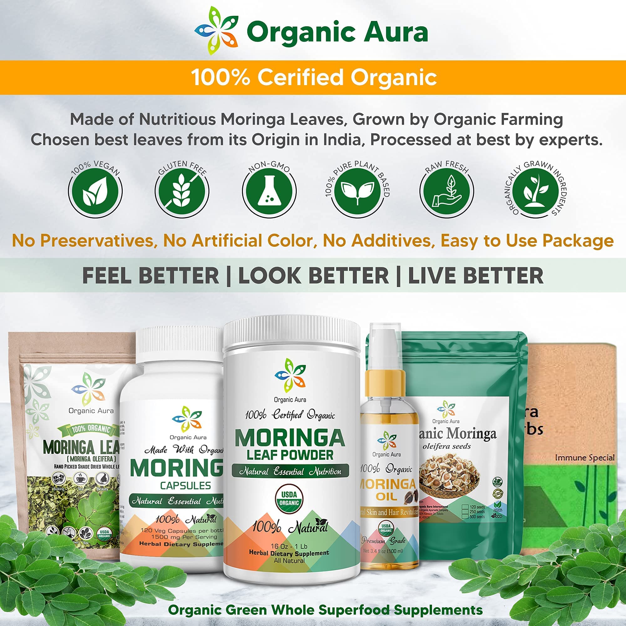 Organic Aura Moringa Powder 540g side view packaging