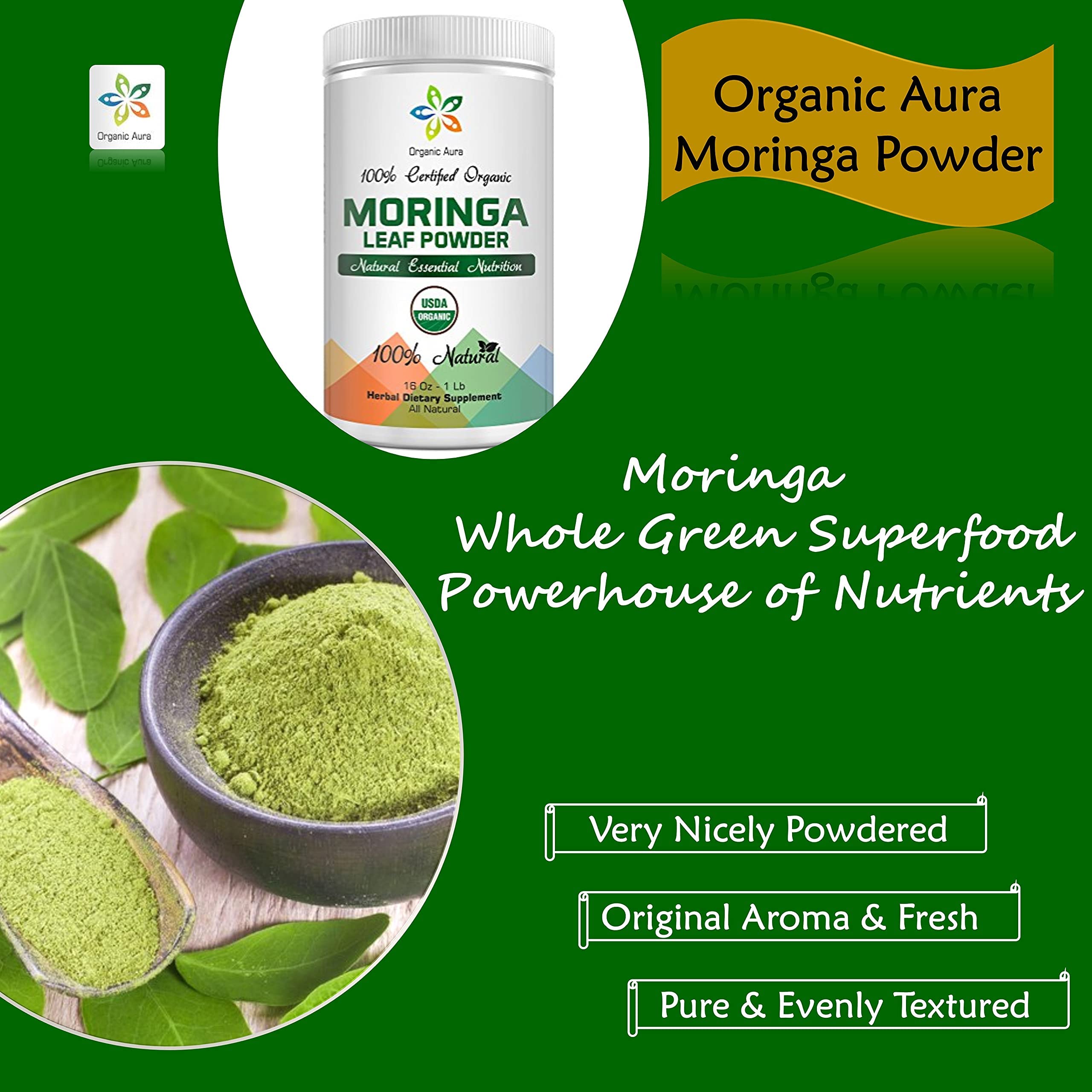 Organic Aura Moringa Powder on a kitchen counter
