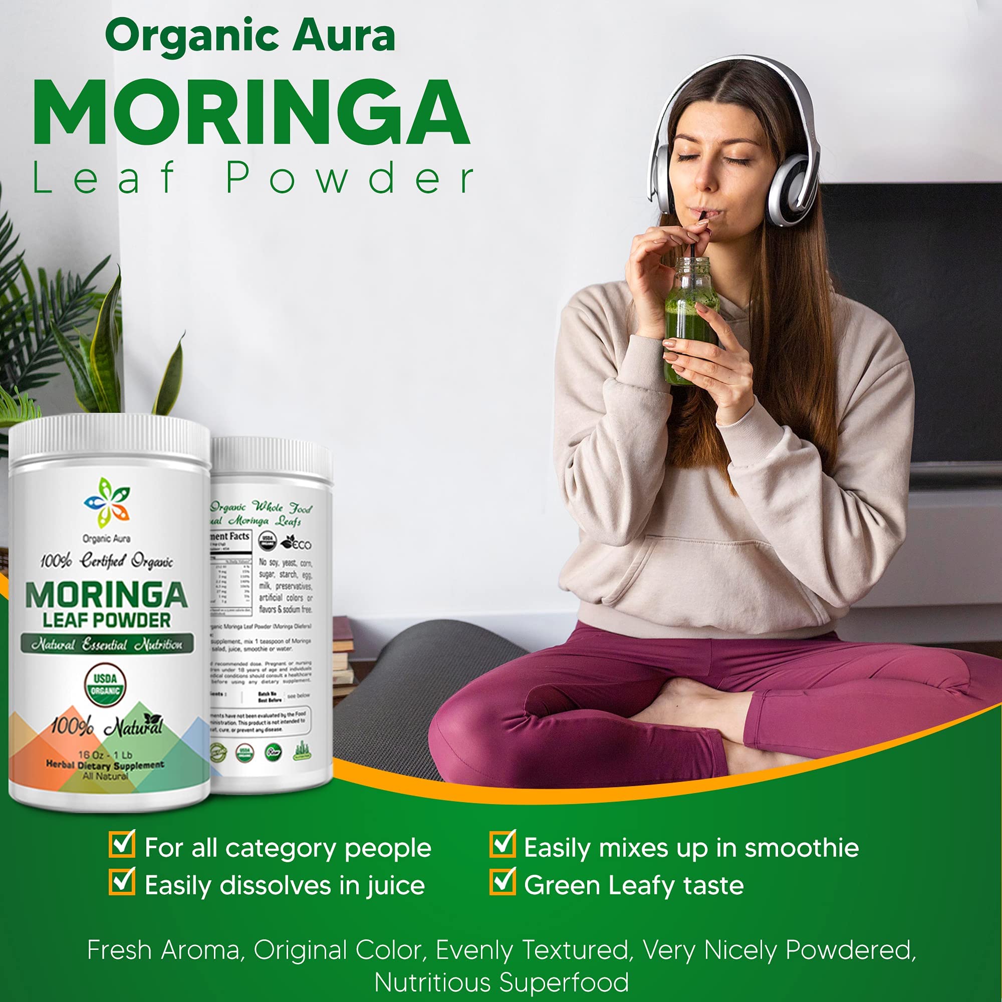 Organic Aura Moringa Powder with fresh moringa leaves