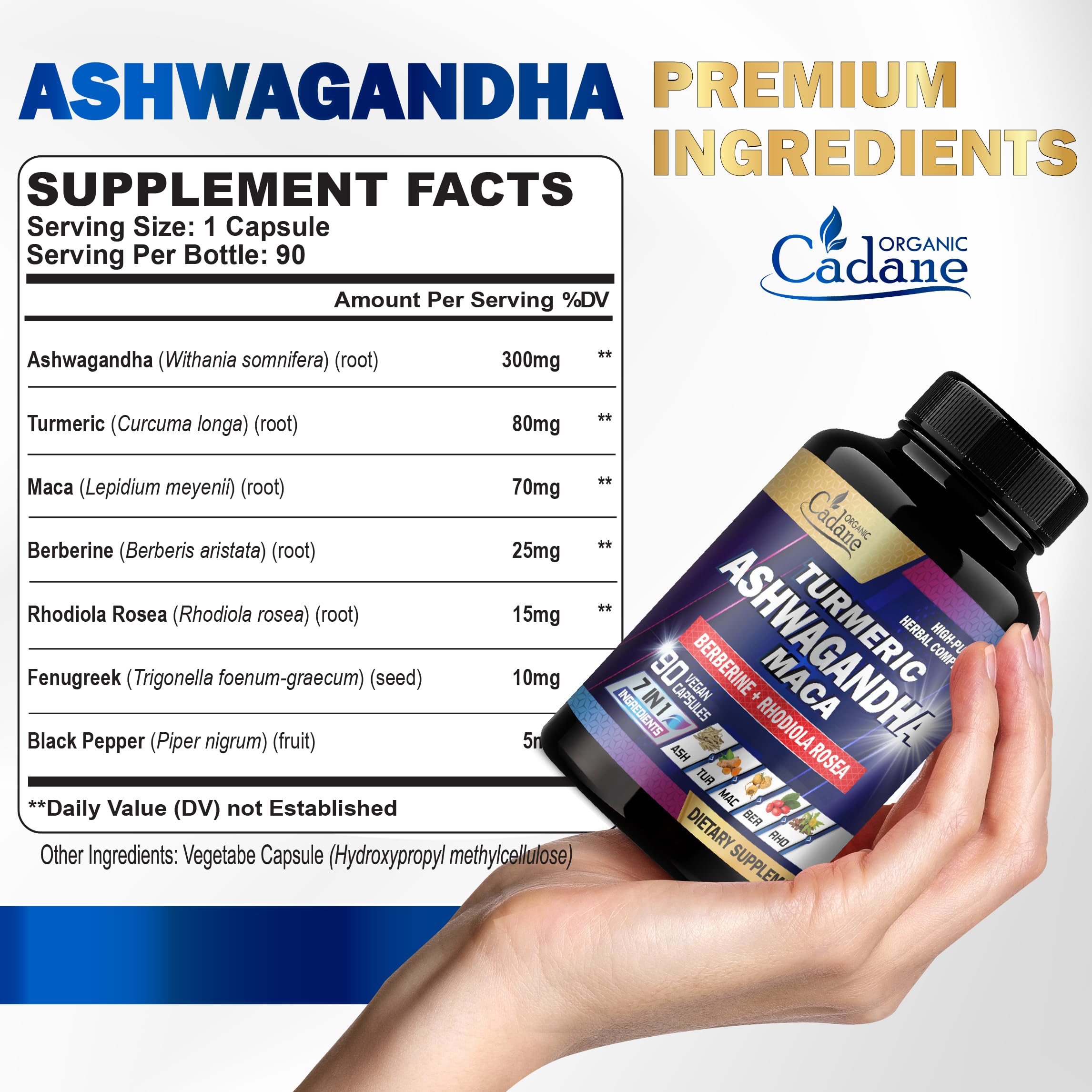 Organic Cadane Ashwagandha Complex bottle side view
