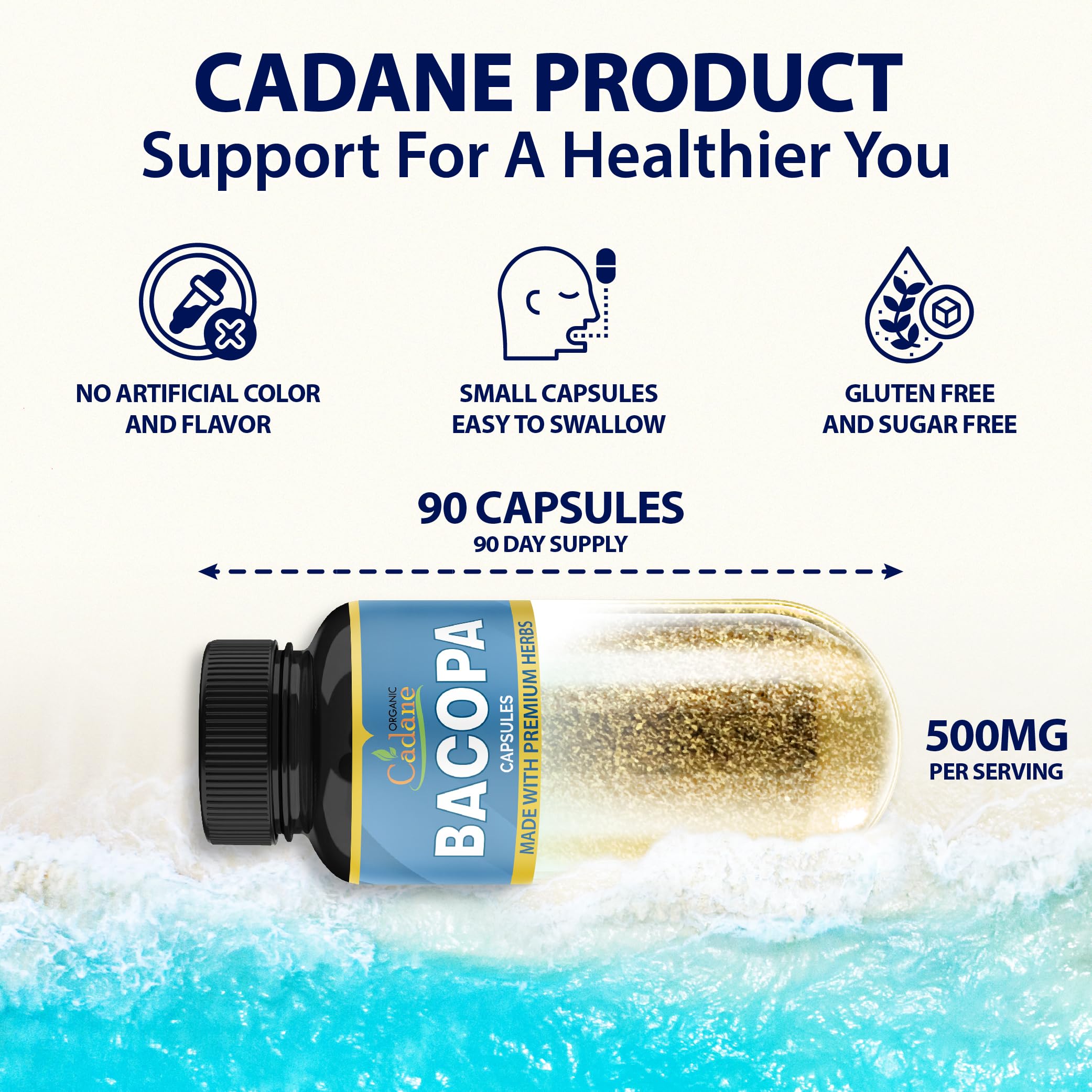 Organic Cadane Bacopa Supplement Capsules bottle side view