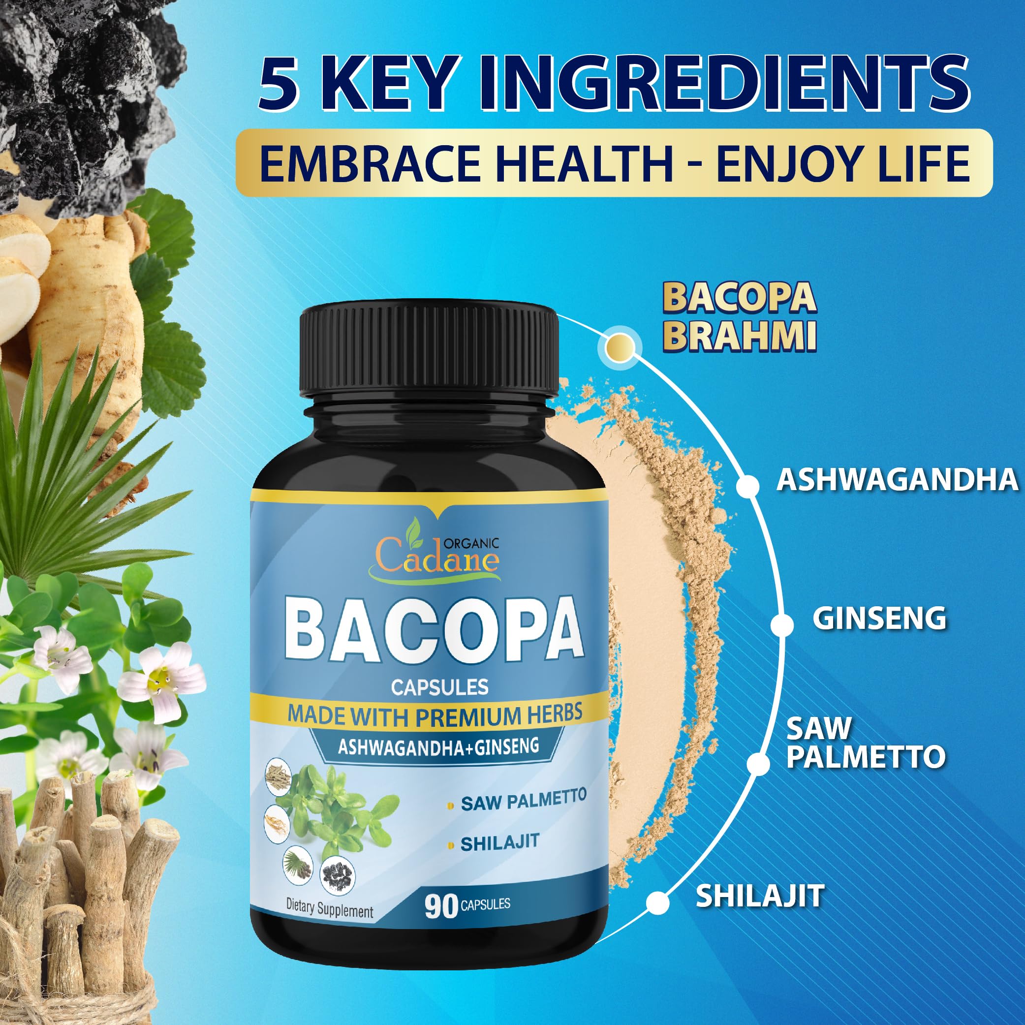 Organic Cadane Bacopa Supplement Capsules on a wooden table