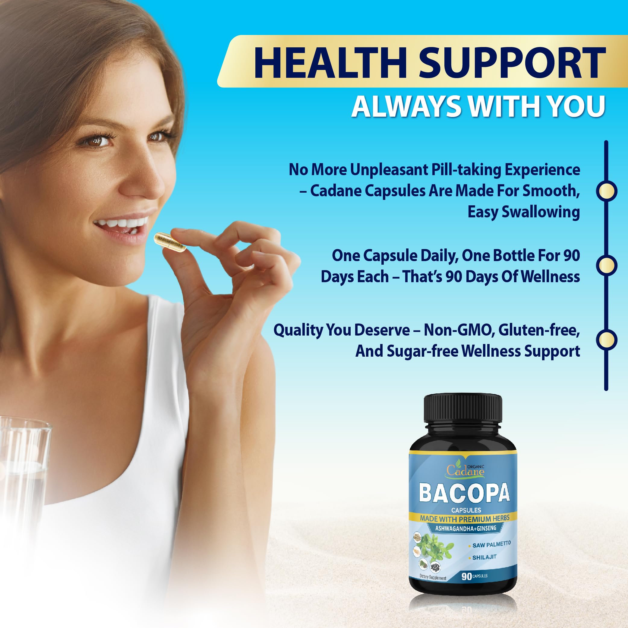 Organic Cadane Bacopa Supplement Capsules with measuring spoon