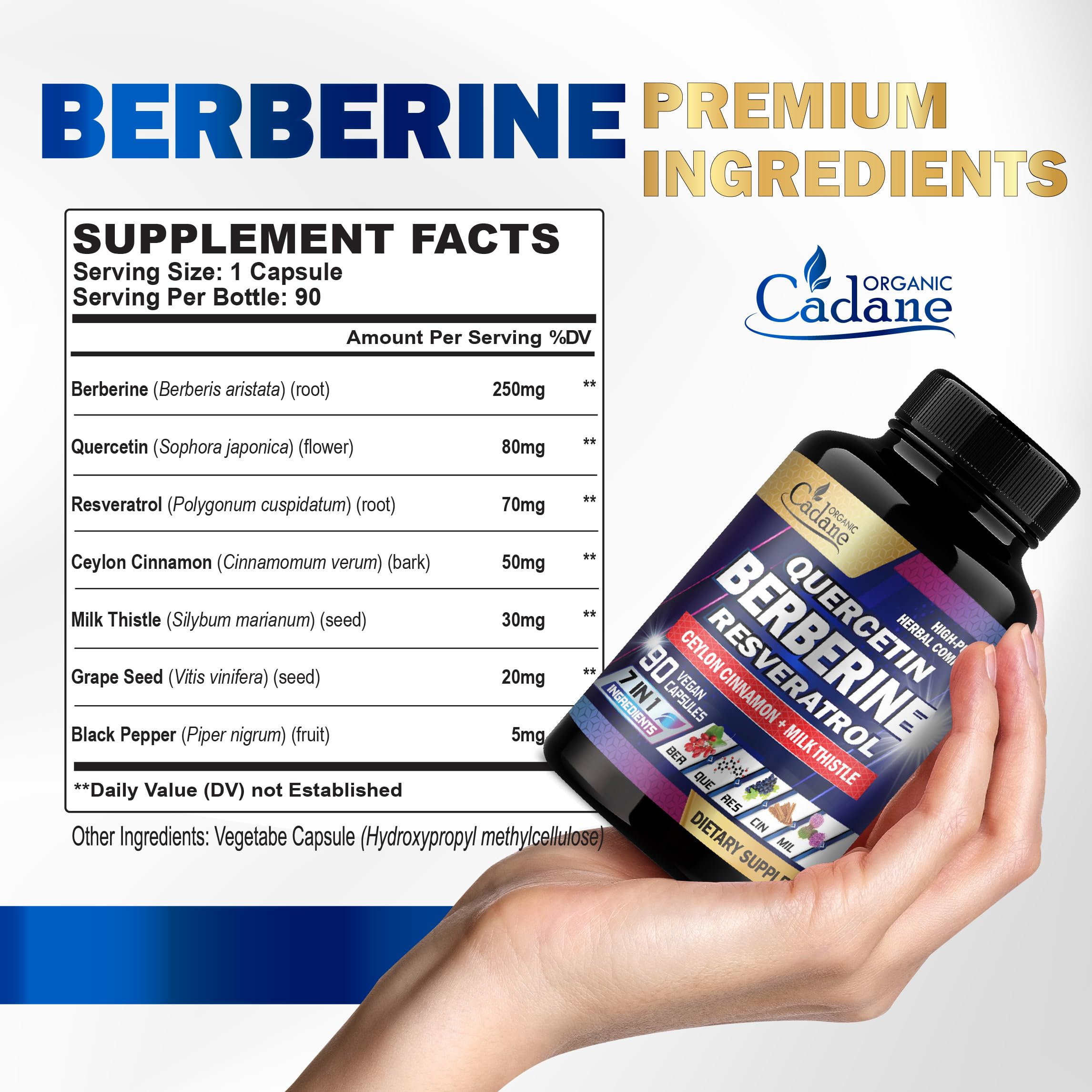 Organic Cadane Berberine Capsules side view showing ingredients
