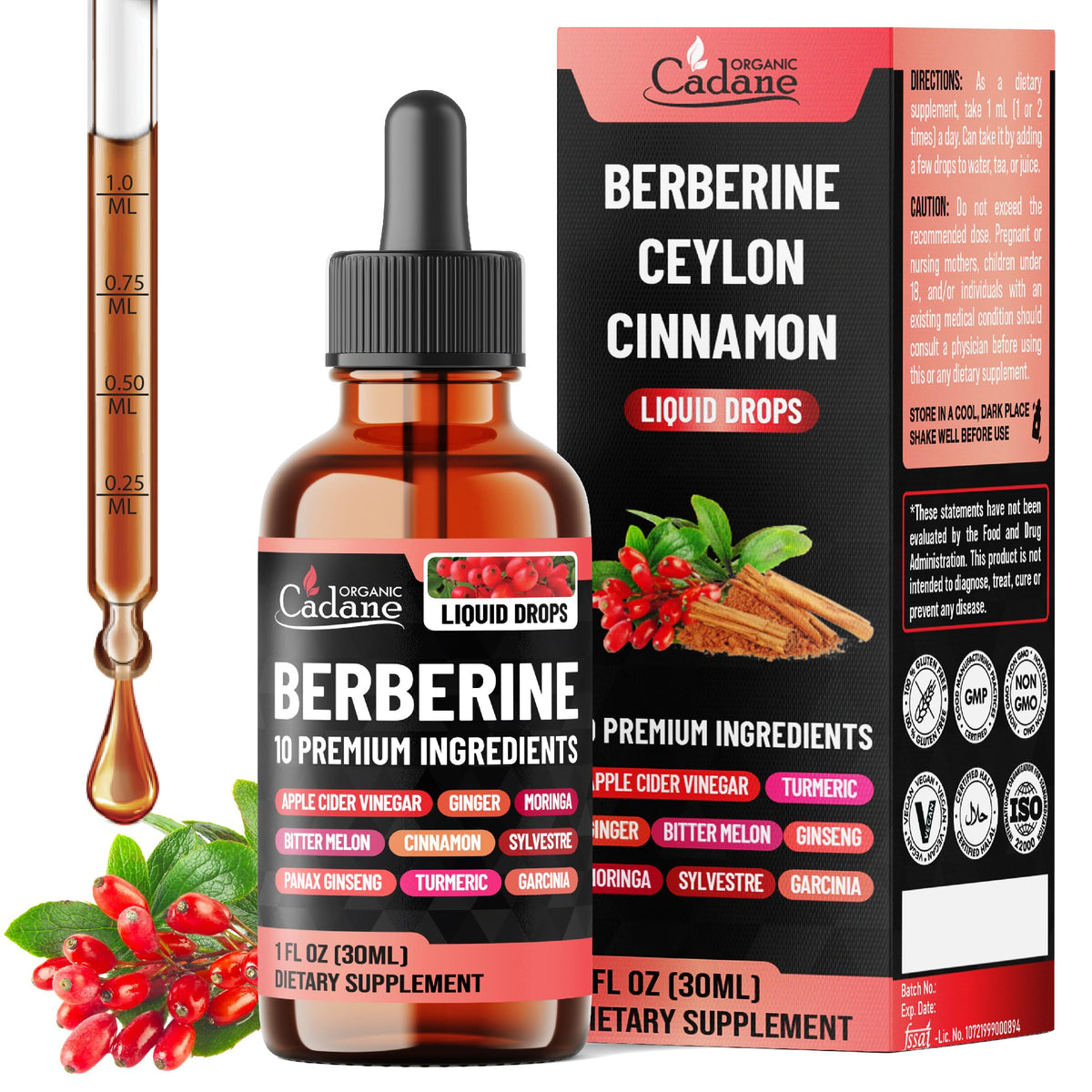 Organic Cadane Berberine Liquid Drops 18g bottle front view