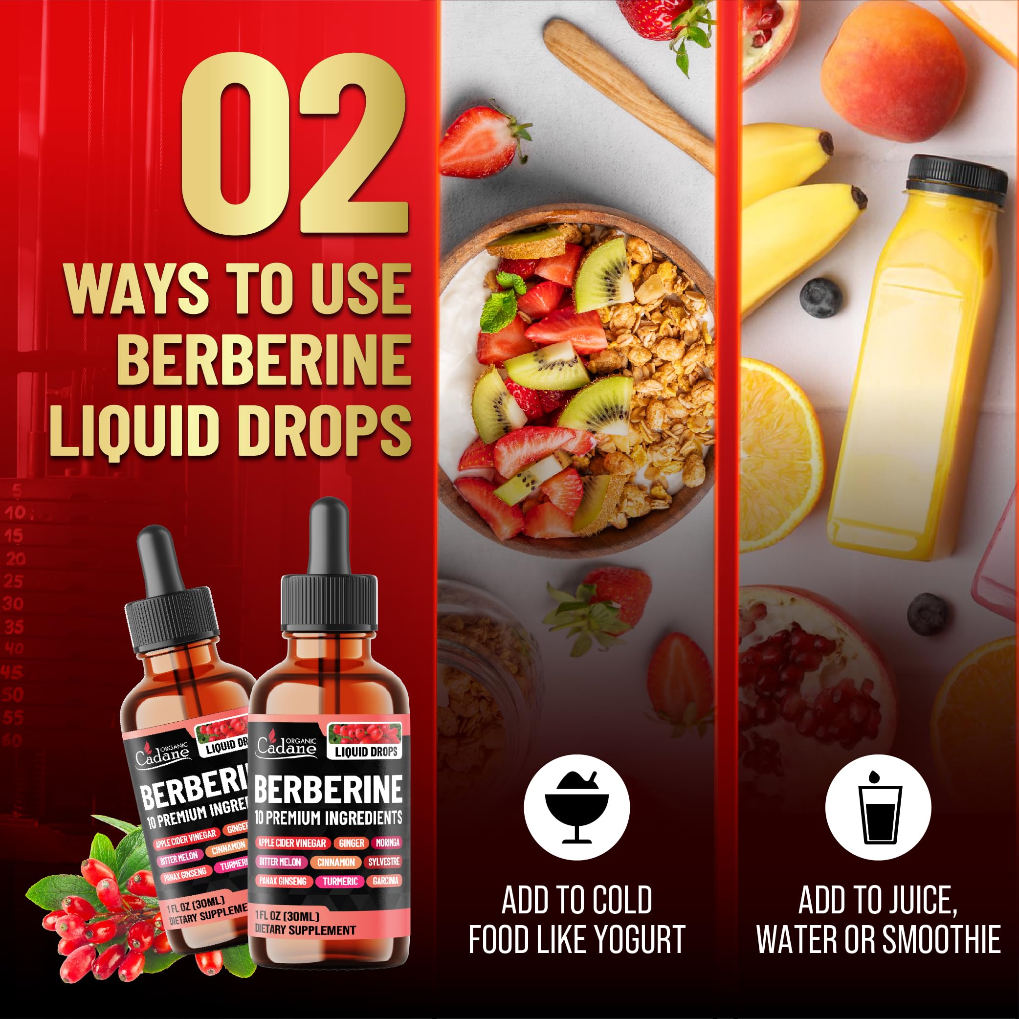 Organic Cadane Berberine Liquid Drops in a glass with drink