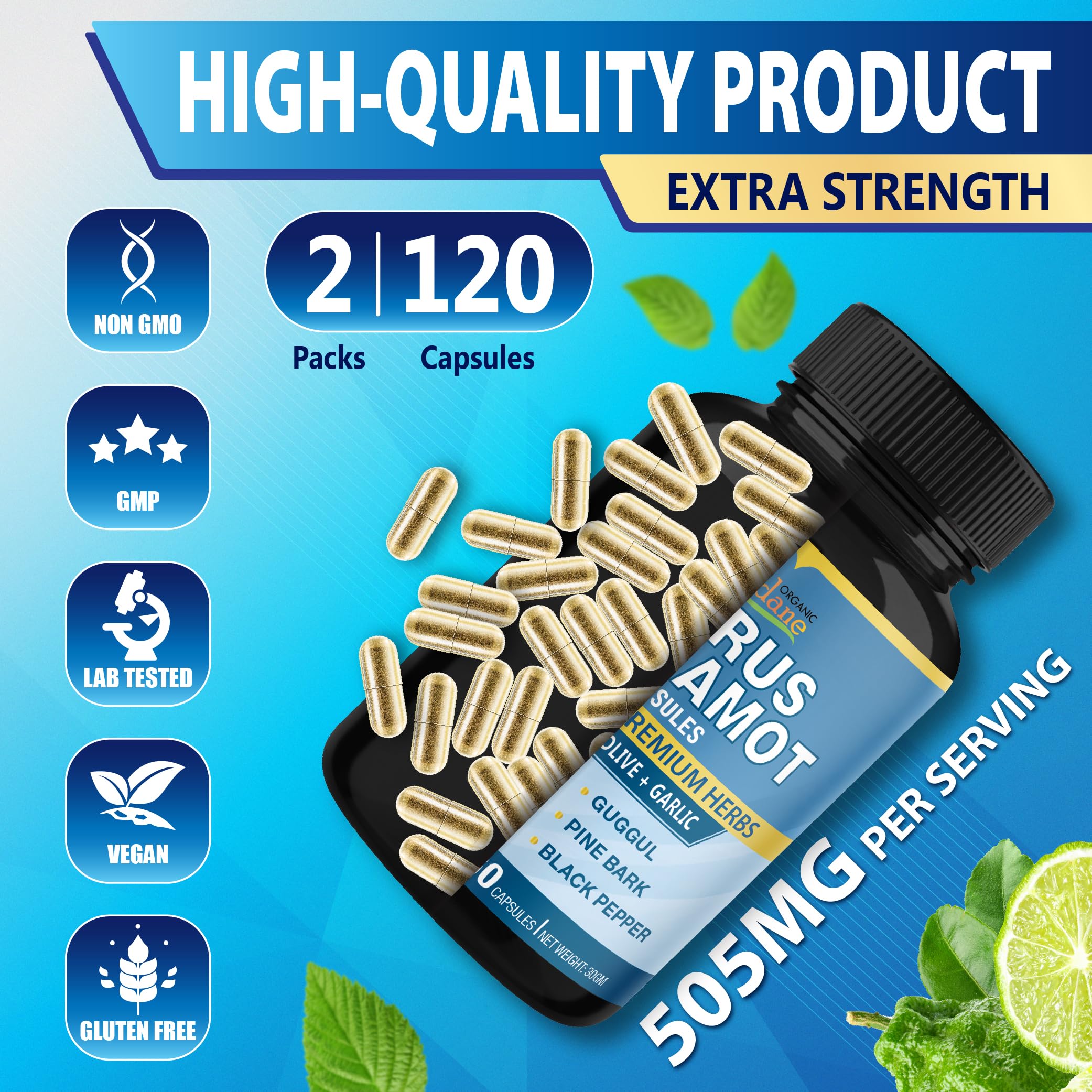 Organic Cadane Citrus Bergamot Supplement capsules in hand