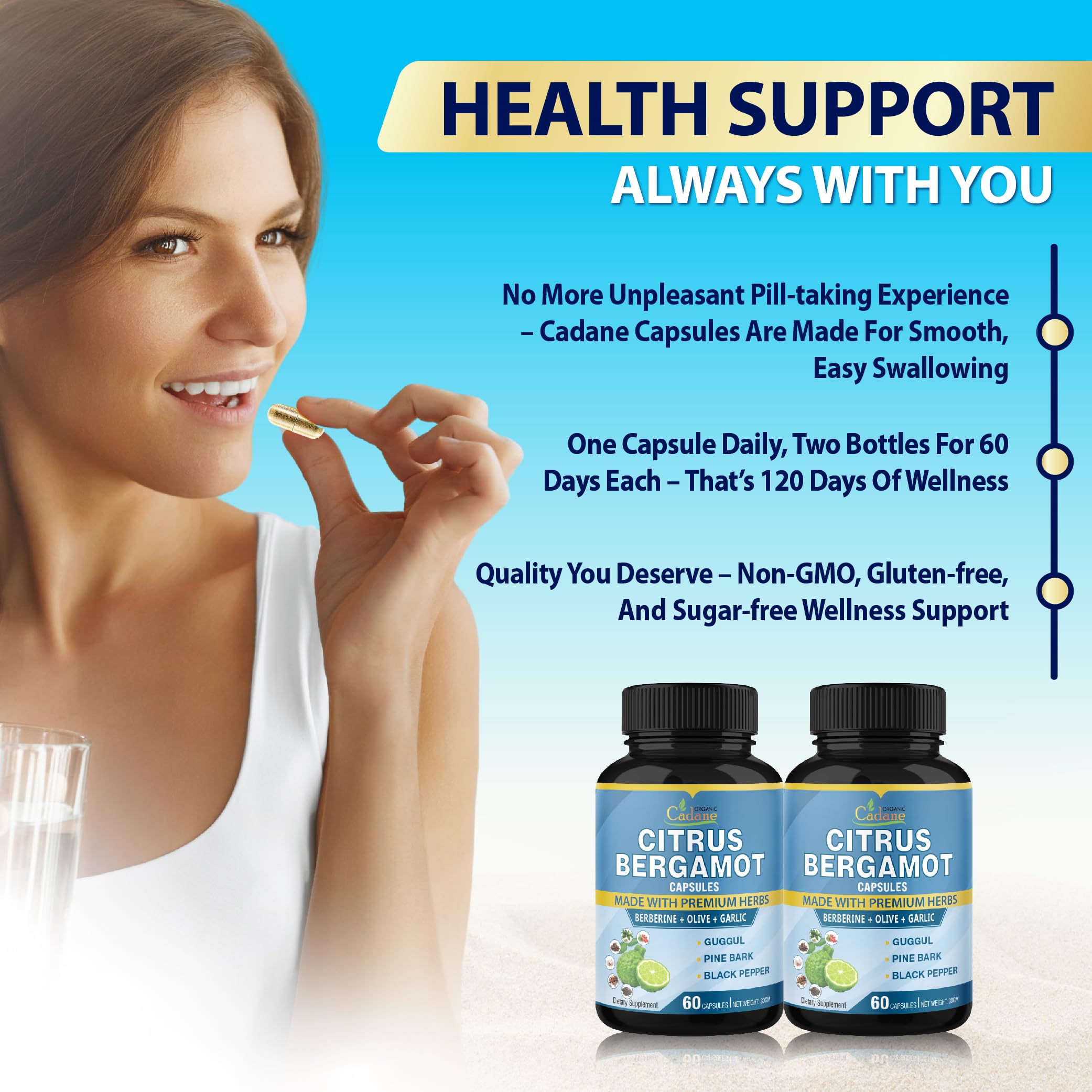 Organic Cadane Citrus Bergamot Supplement capsules on a wooden table