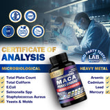 Organic Cadane Maca Root Supplement bottle with natural herbs background