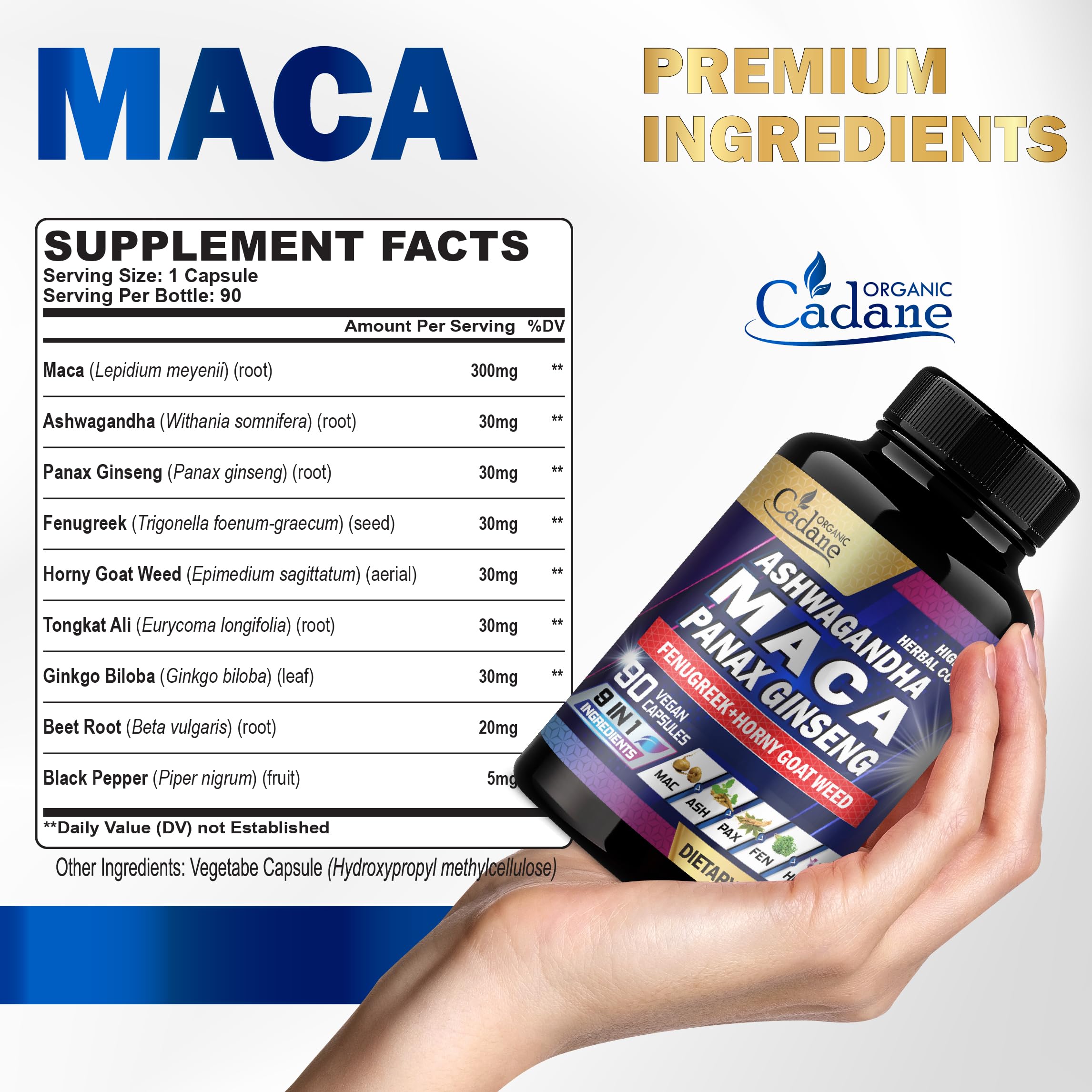 Organic Cadane Maca Root Supplement capsules close-up