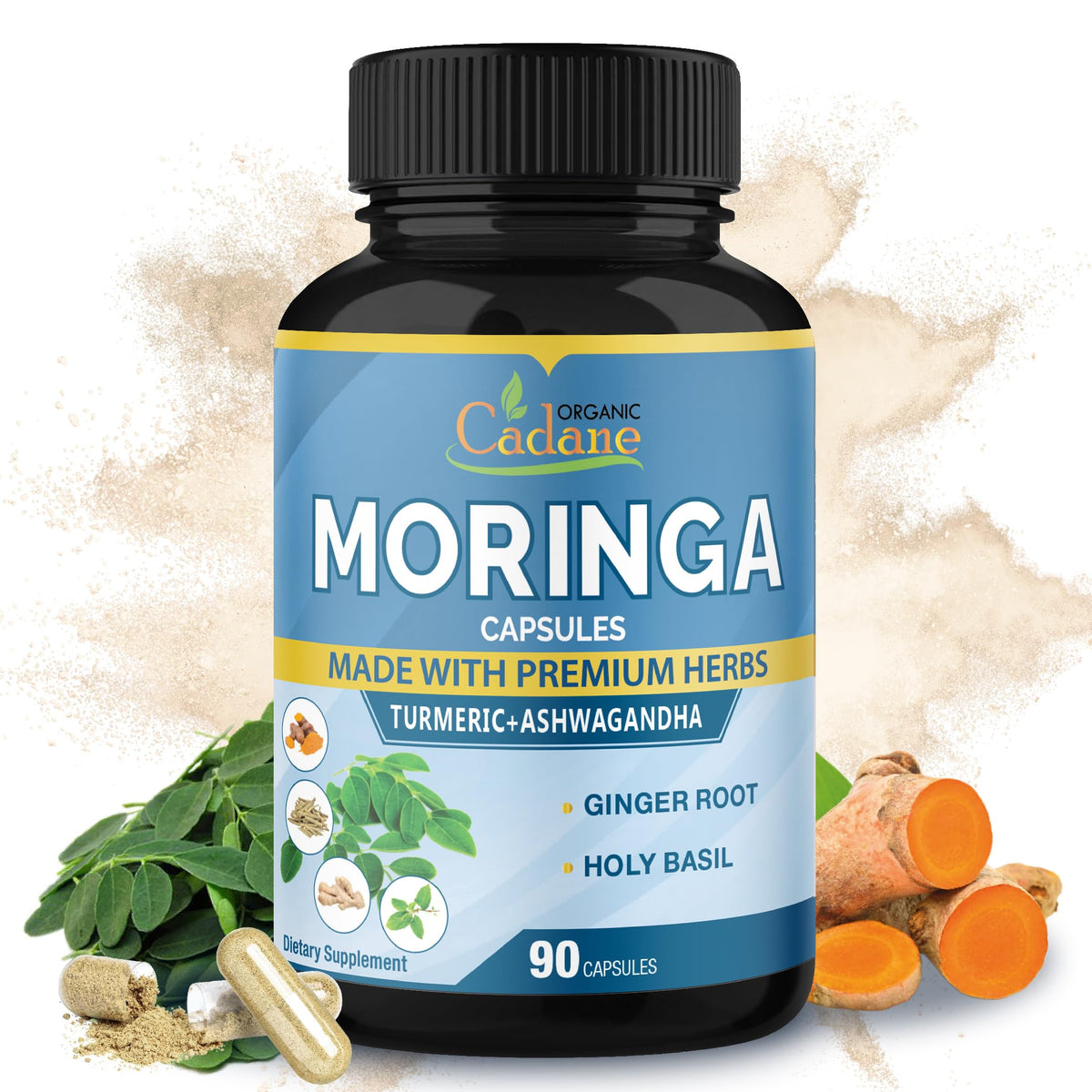 Organic Cadane Moringa Capsules front view with packaging