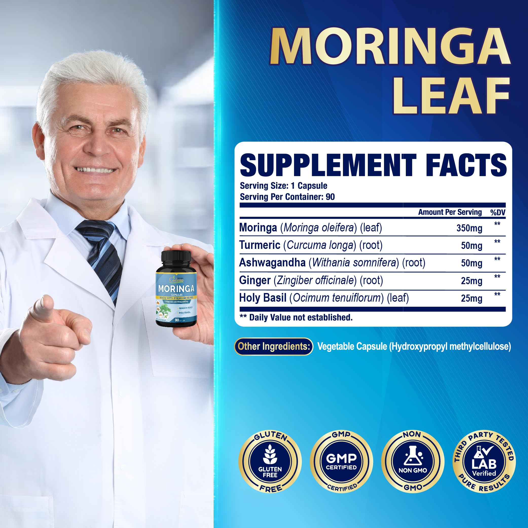 Organic Cadane Moringa Capsules with Turmeric and Ashwagandha ingredients list
