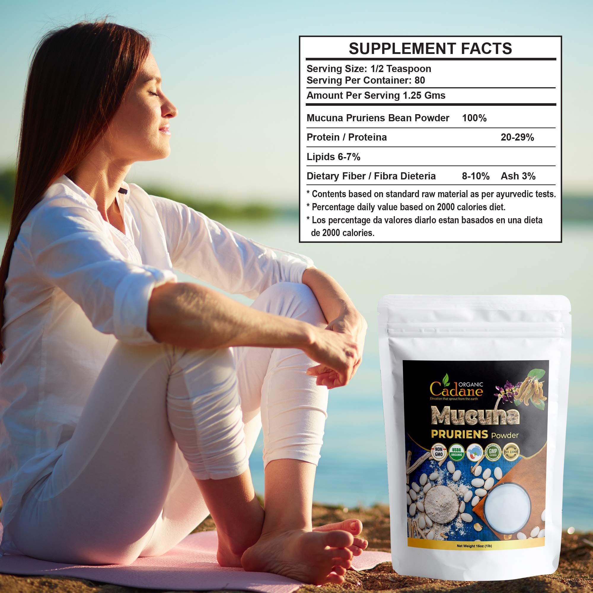 Organic Cadane Mucuna Powder 454g side view with scoop