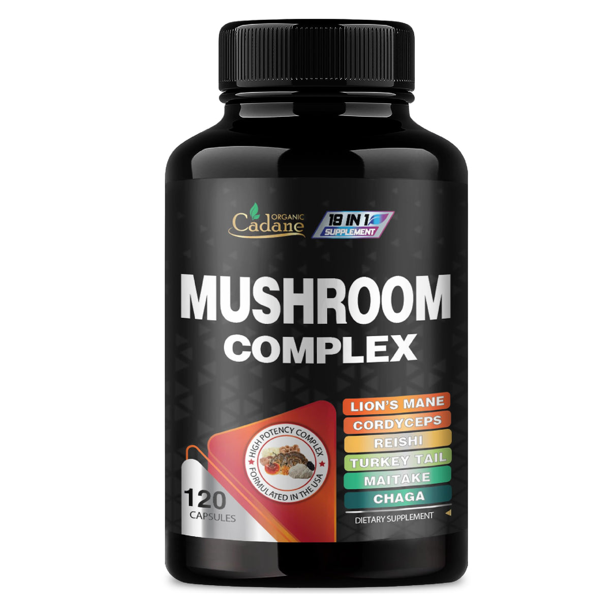 Organic Cadane Mushroom Supplement 120 capsules front view